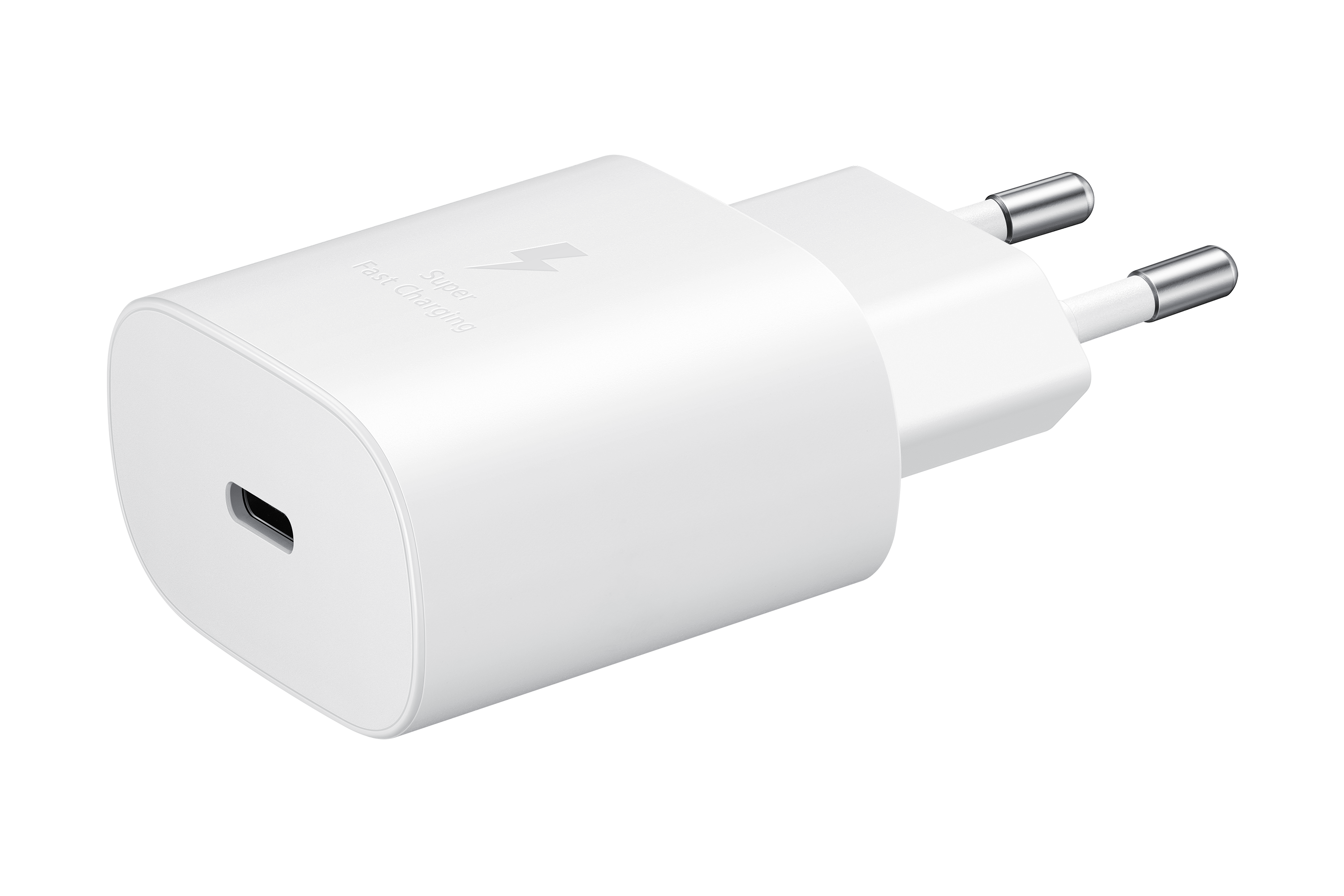 Weißes Samsung-Ladegerät mit USB-C-Anschluss und Zweipol-Stecker.