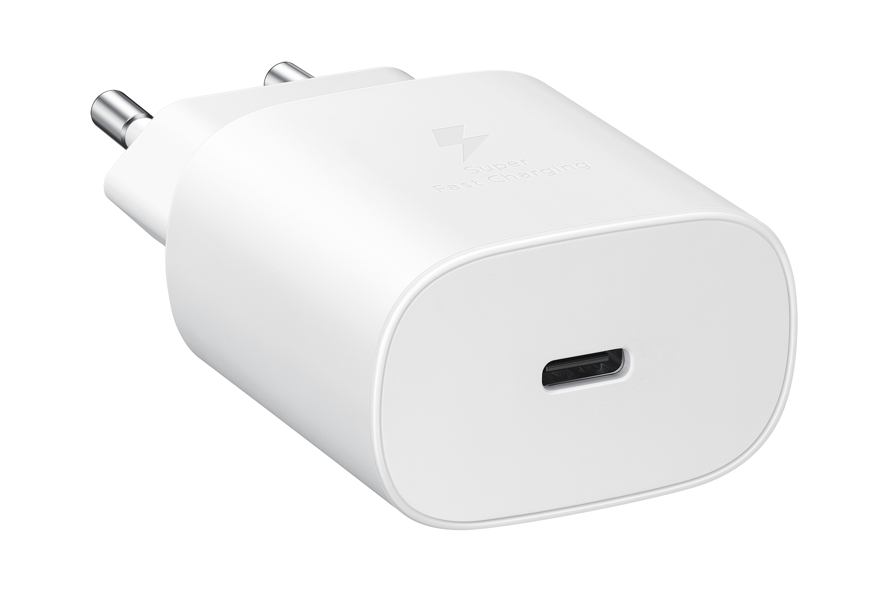 Weißes Ladegerät mit USB-C-Anschluss. Auf der Oberseite steht 'Super Fast Charging'.