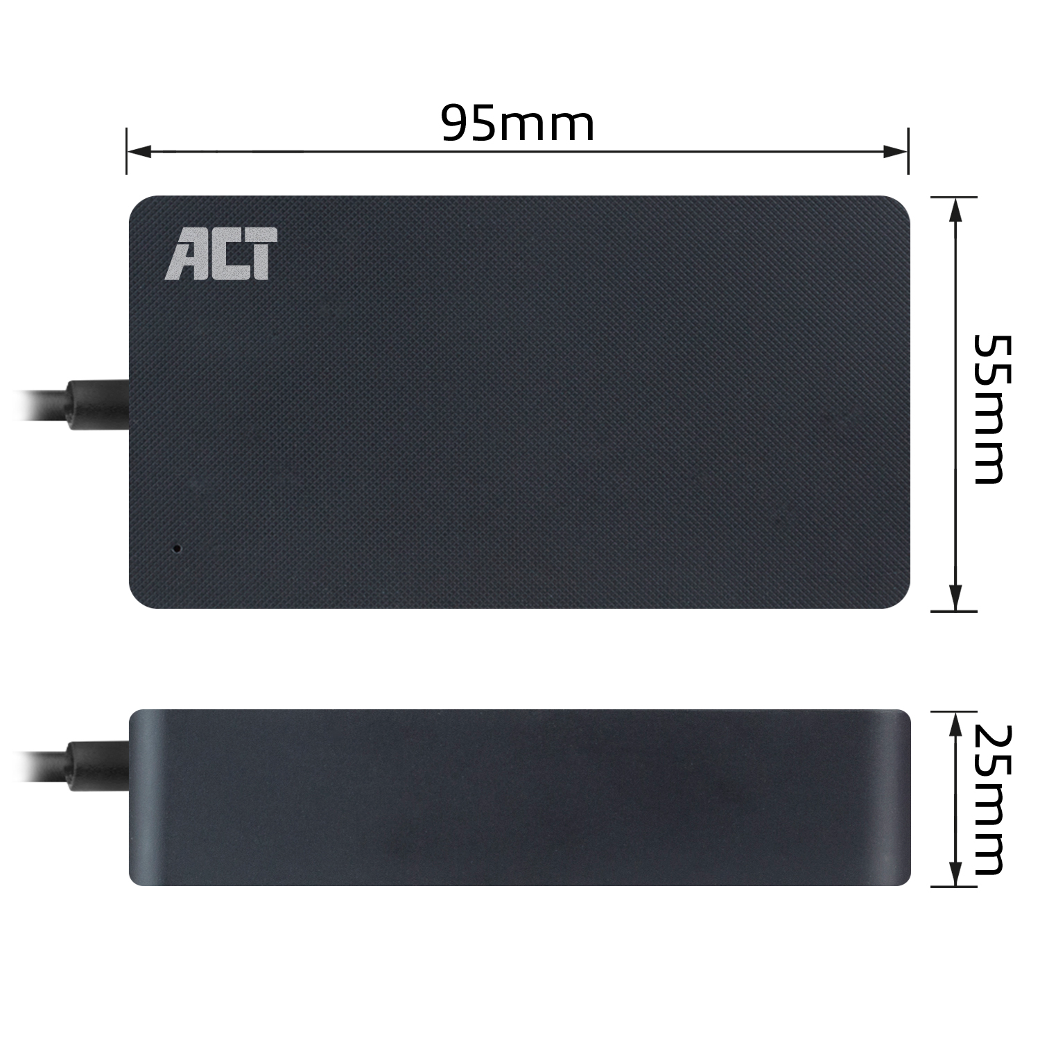 Un rectangle noir avec dimensions et logo ACT. Les mesures sont 95x55x25 mm.