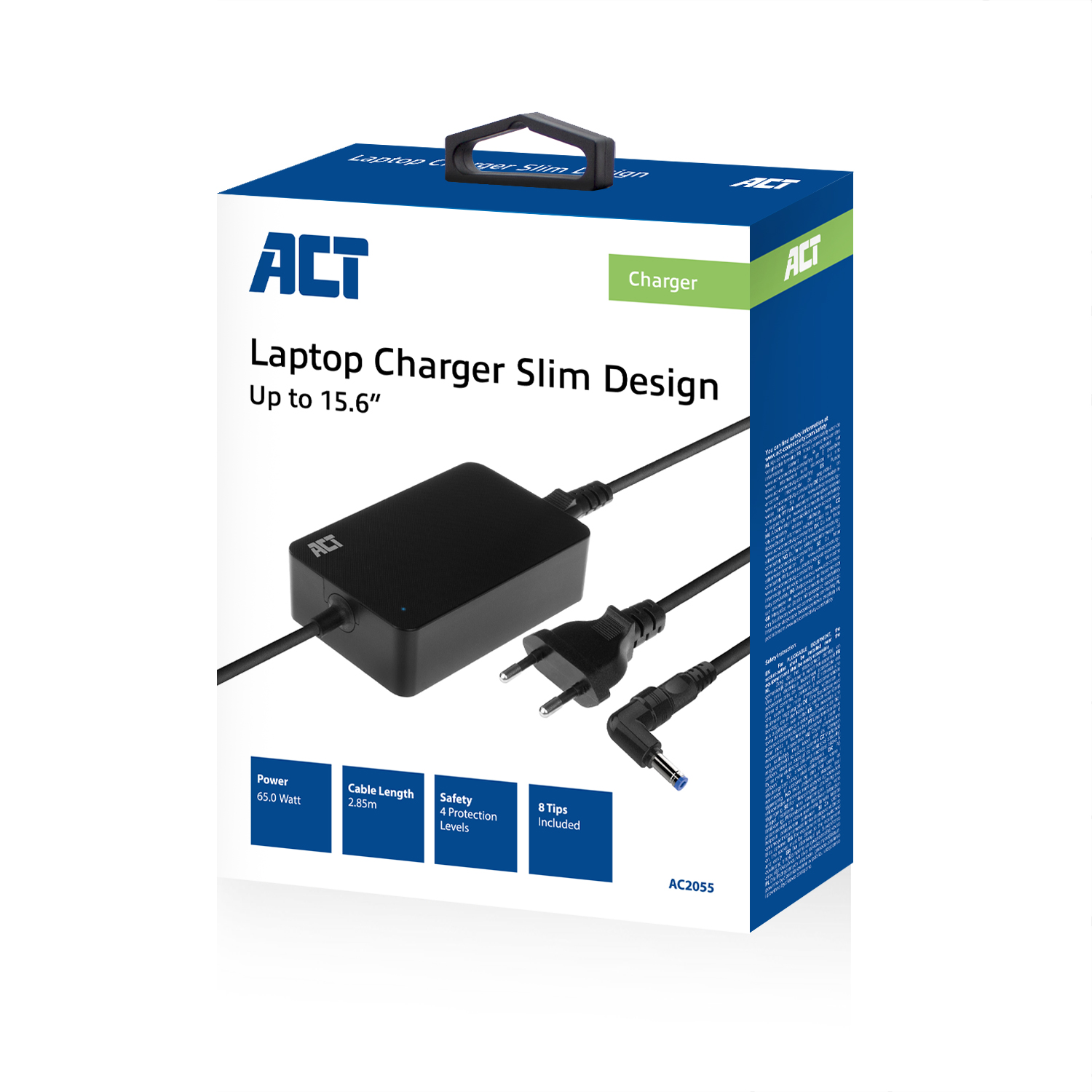 Chargeur d'ordinateur portable noir avec boîte. Le chargeur a une prise et une pointe bleue. Fond blanc.
