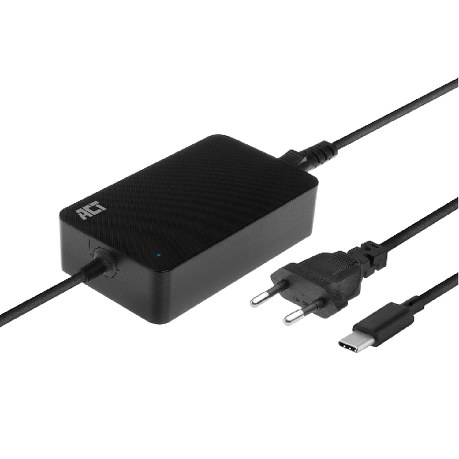 Black power adapter with cables. Plug, cable, and USB-C cable.