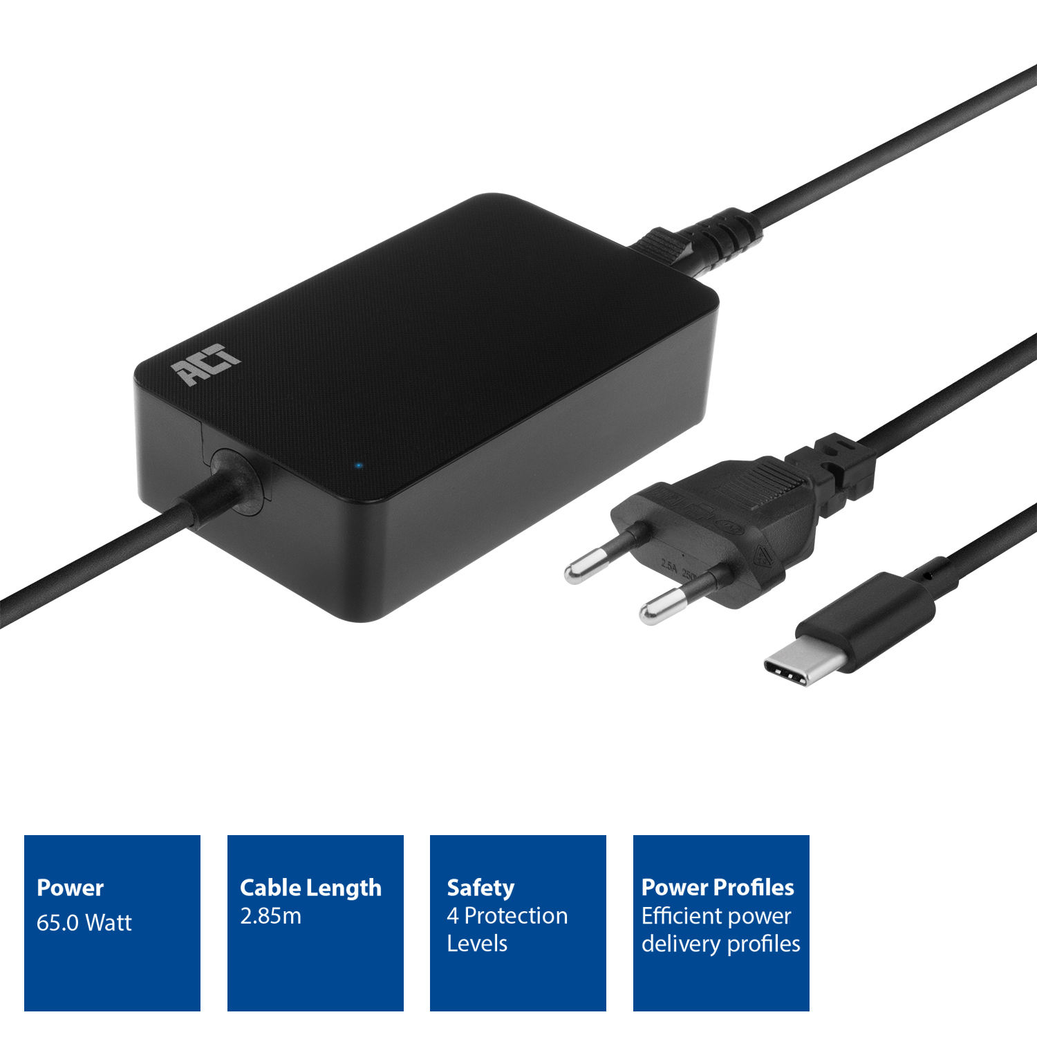 A black power adapter with various plug types and a USB-C cable, with specifications.
