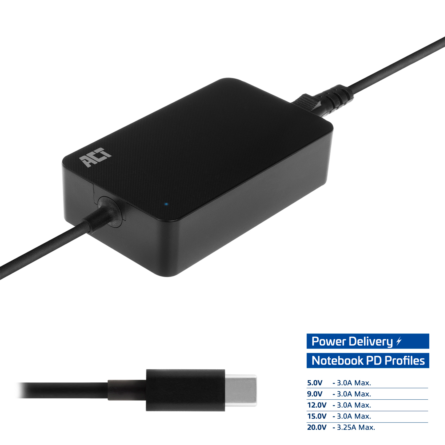 Black laptop charger with a connected cable and a USB-C port. It also shows PD profiles.