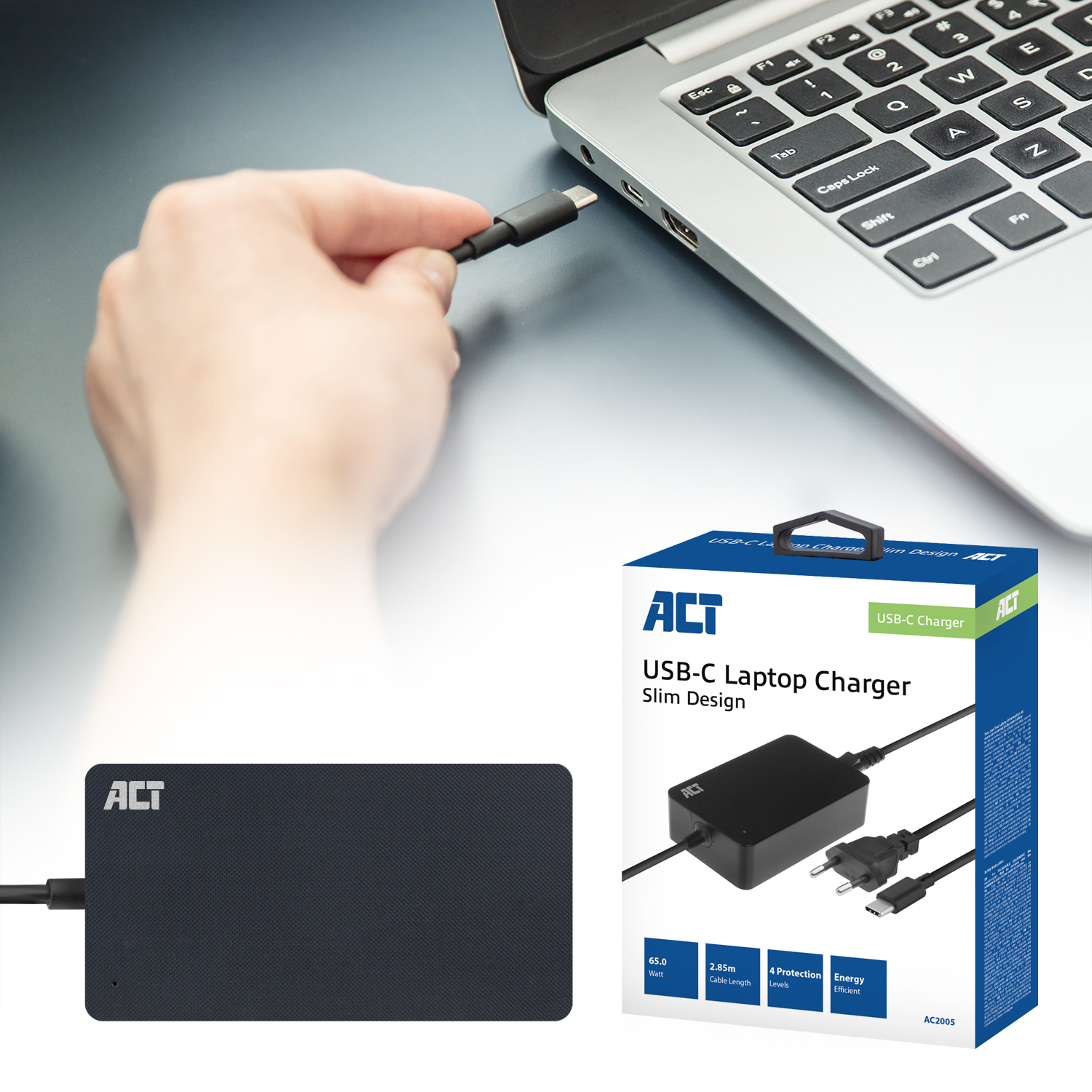 A hand plugs a USB-C cable into a laptop. A charger and box are visible below.