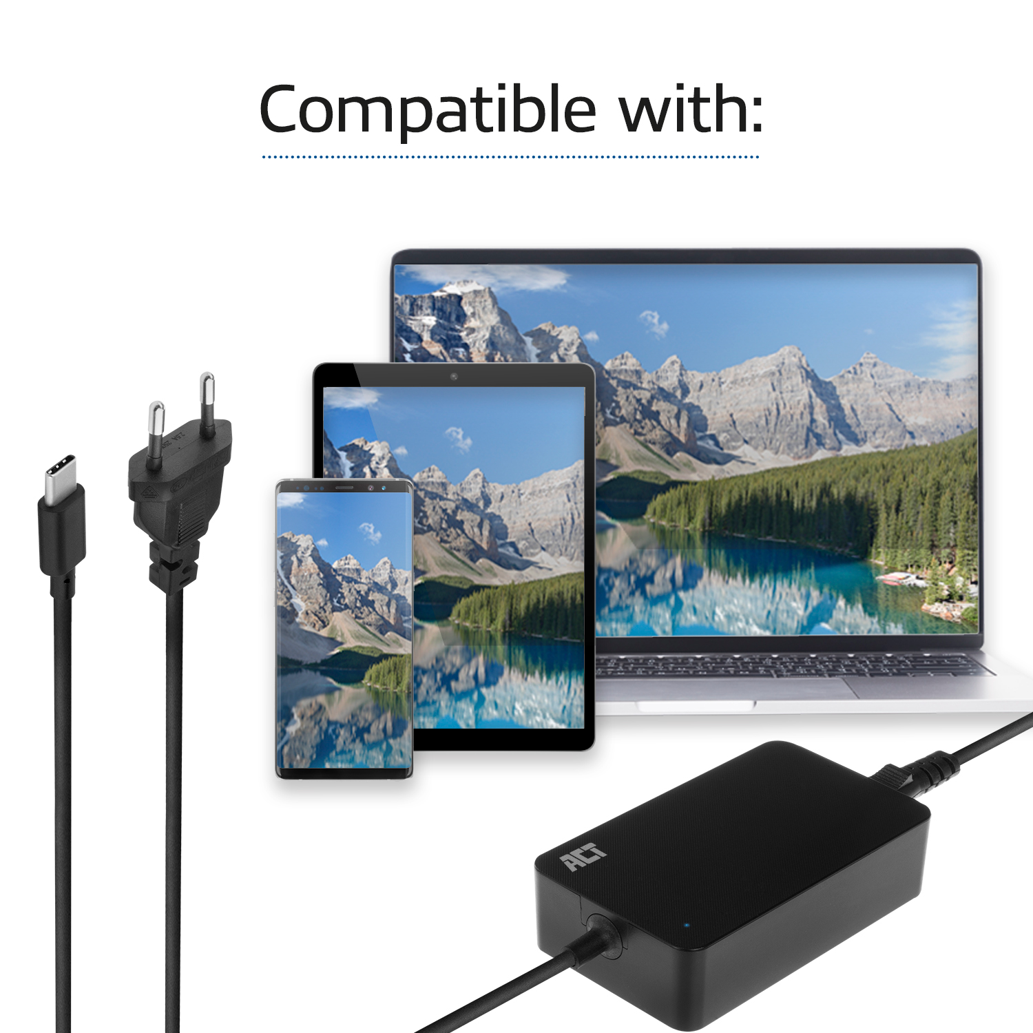 Black charger and a USB-C cable. Devices: tablet, phone, and laptop. White background.
