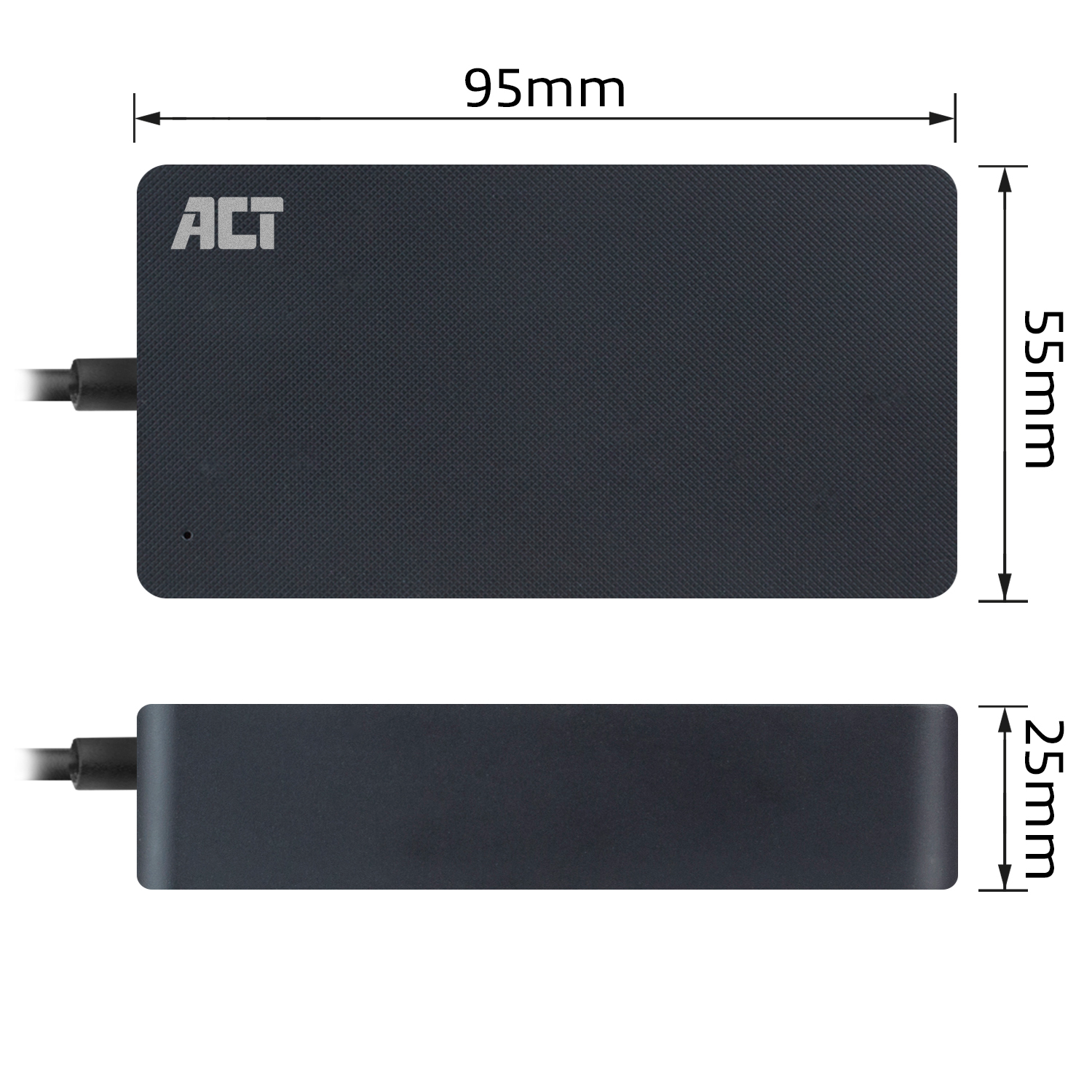 Black rectangular device with dimensions. Text: 95mm x 55mm x 25mm. The device is labeled with ACT.