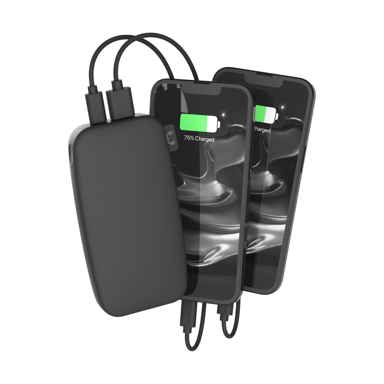 Batería externa negra con dos teléfonos cargando. Teléfonos muestran 75% de carga.