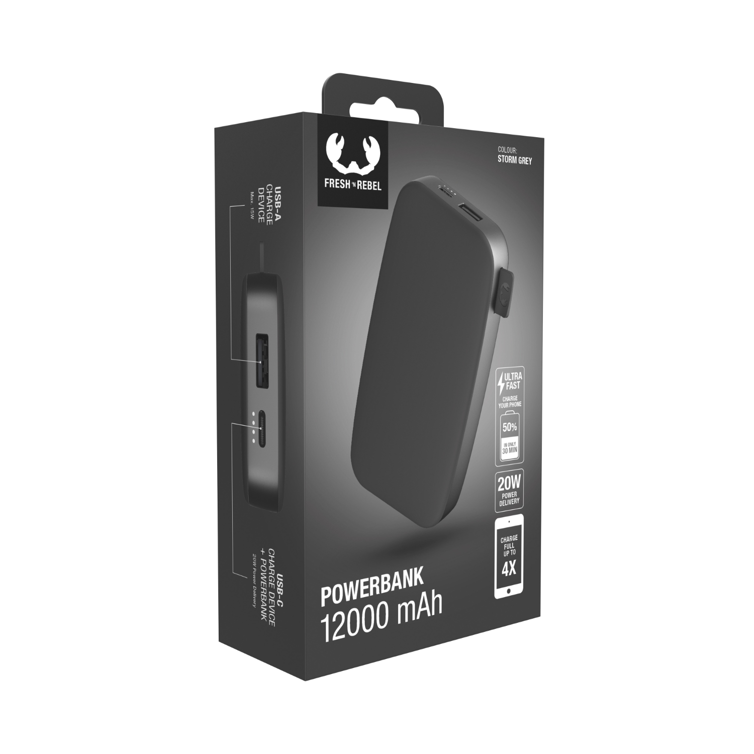 Caja negra de Fresh Rebel power bank. Presenta un power bank de 12000 mAh.