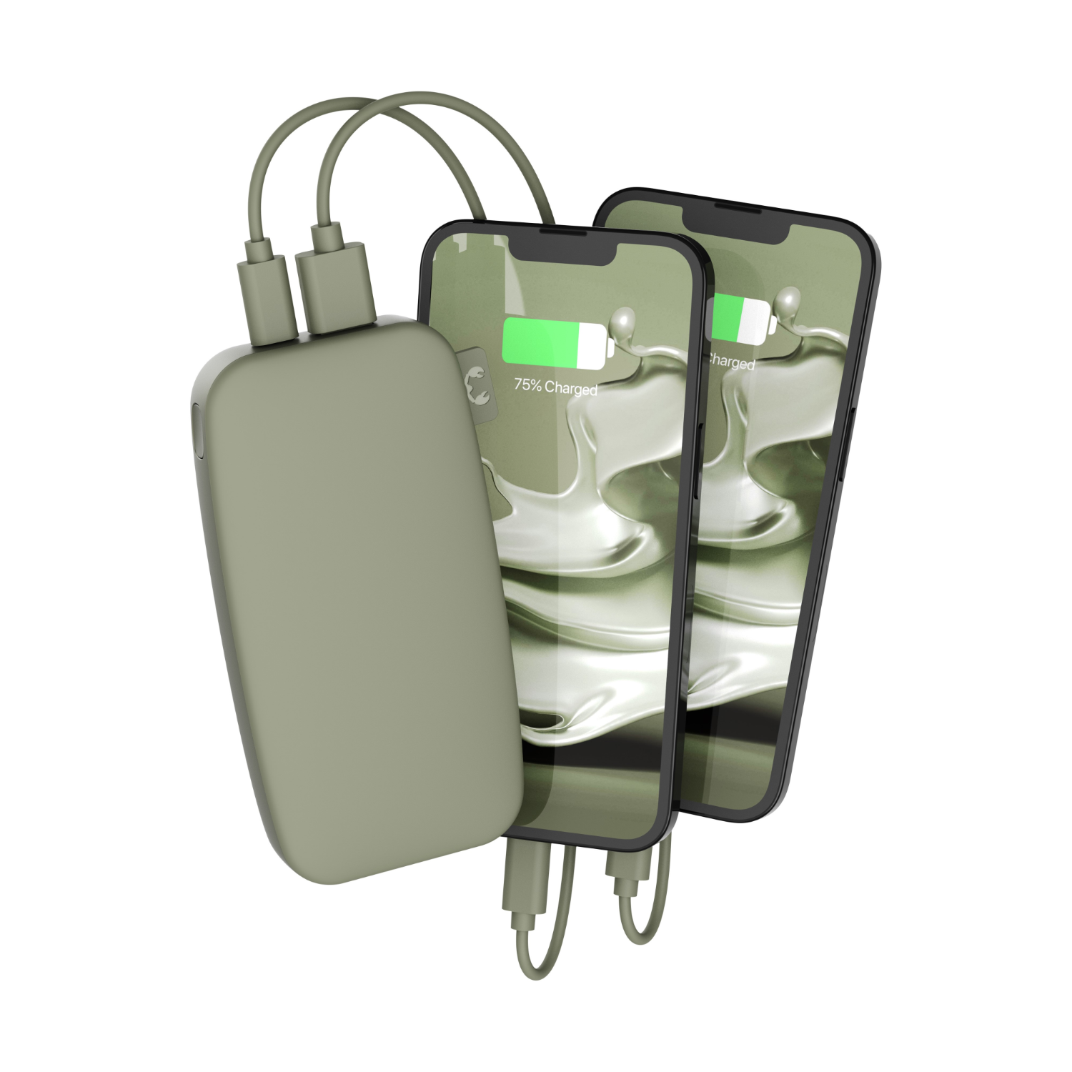 Due telefoni in carica tramite power bank. Il power bank è verde.