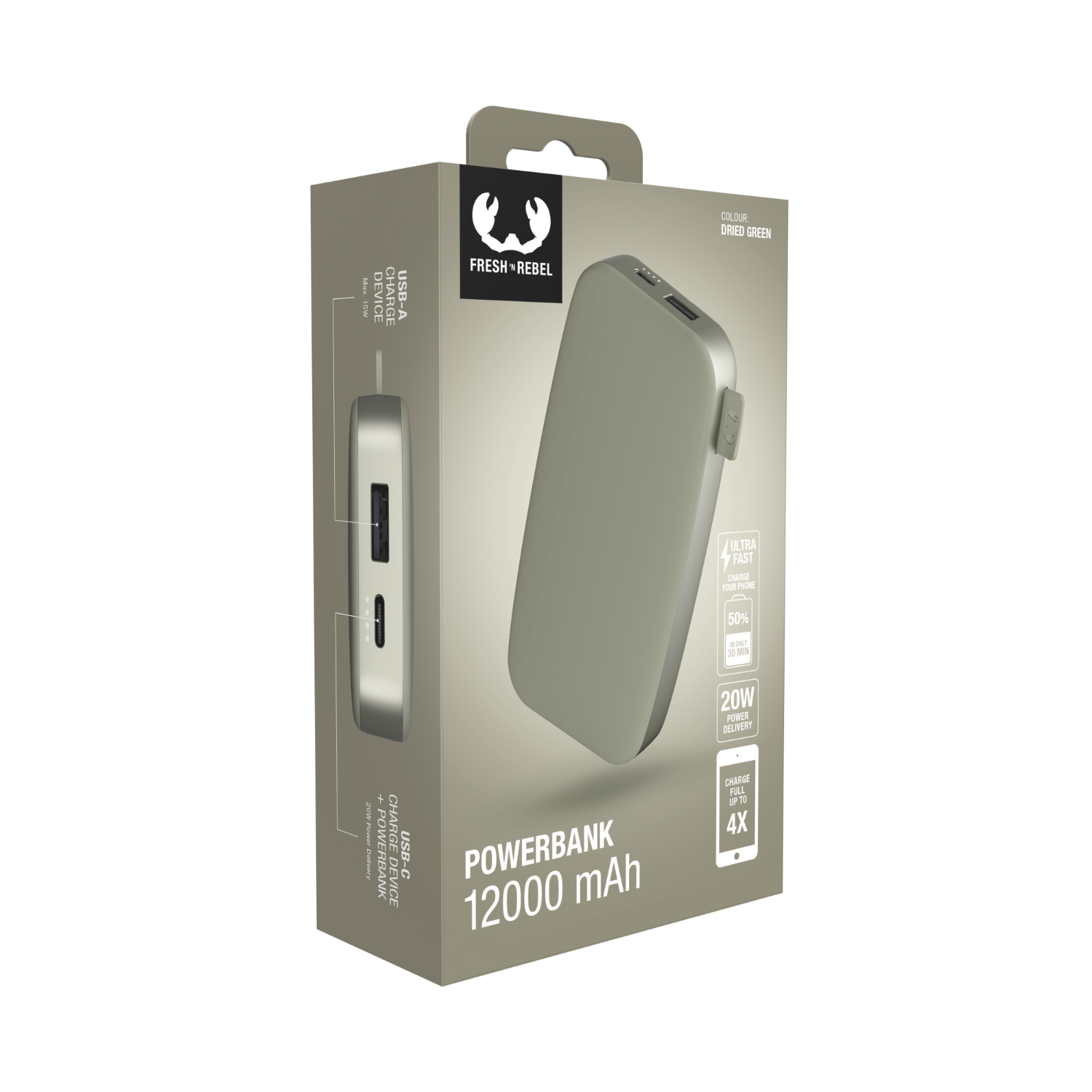 Una scatola per power bank, verde con un power bank visibile. Testo: 12000 mAh, 20W e dettagli di ricarica.