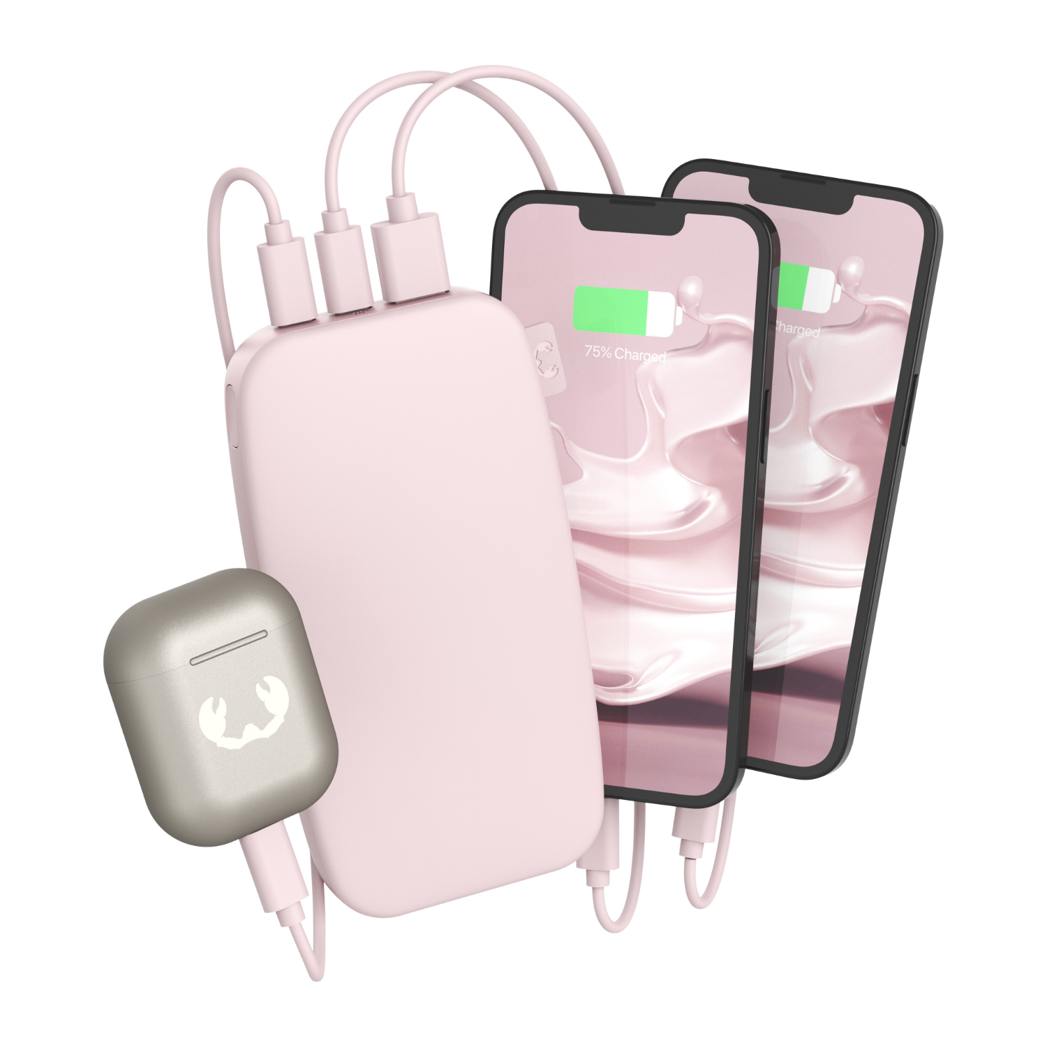 Różowy power bank z trzema kablami ładującymi, dwoma telefonami i etui na słuchawki.