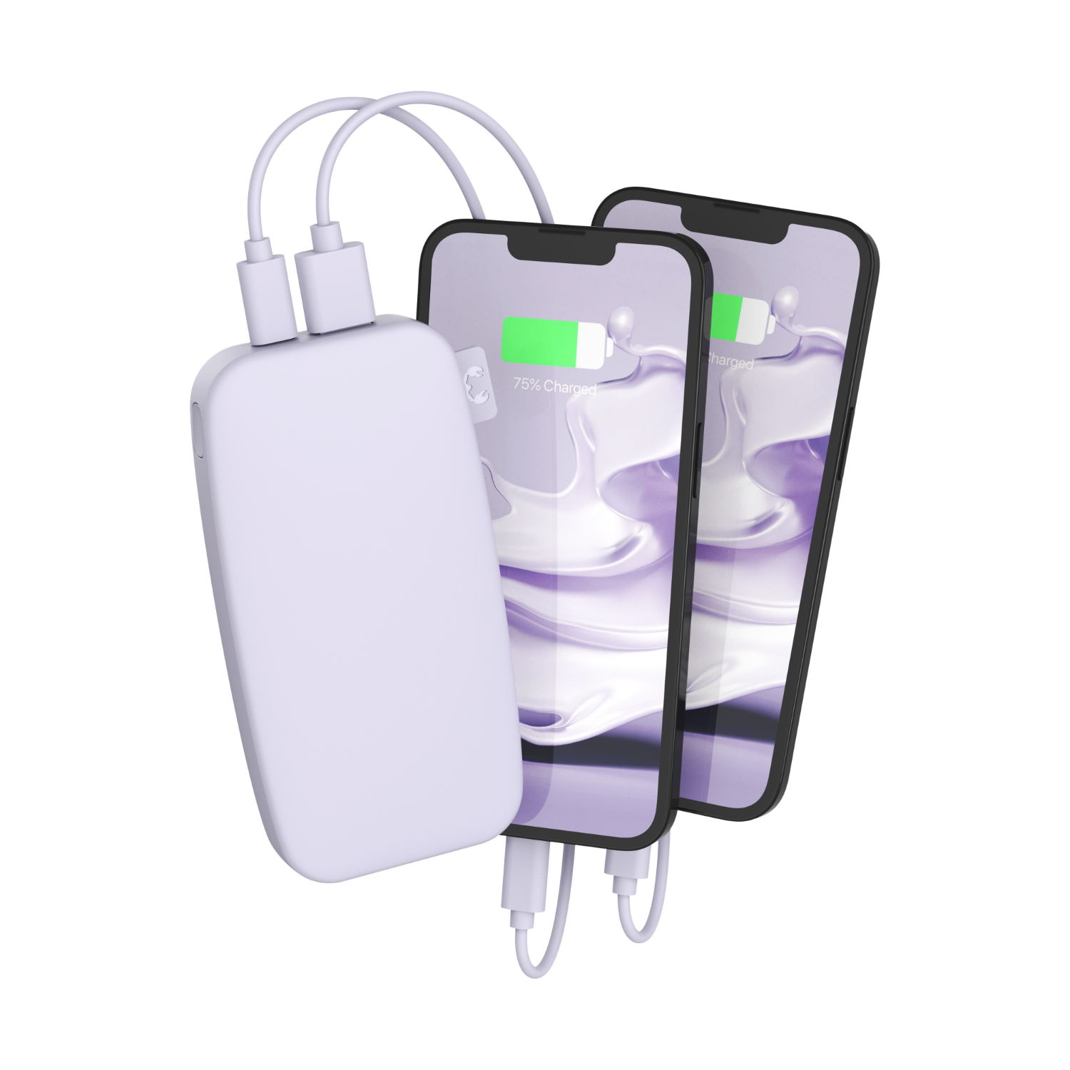 Zwei Telefone werden von einer weißen Powerbank aufgeladen. Die Telefone zeigen einen Ladestatus an.