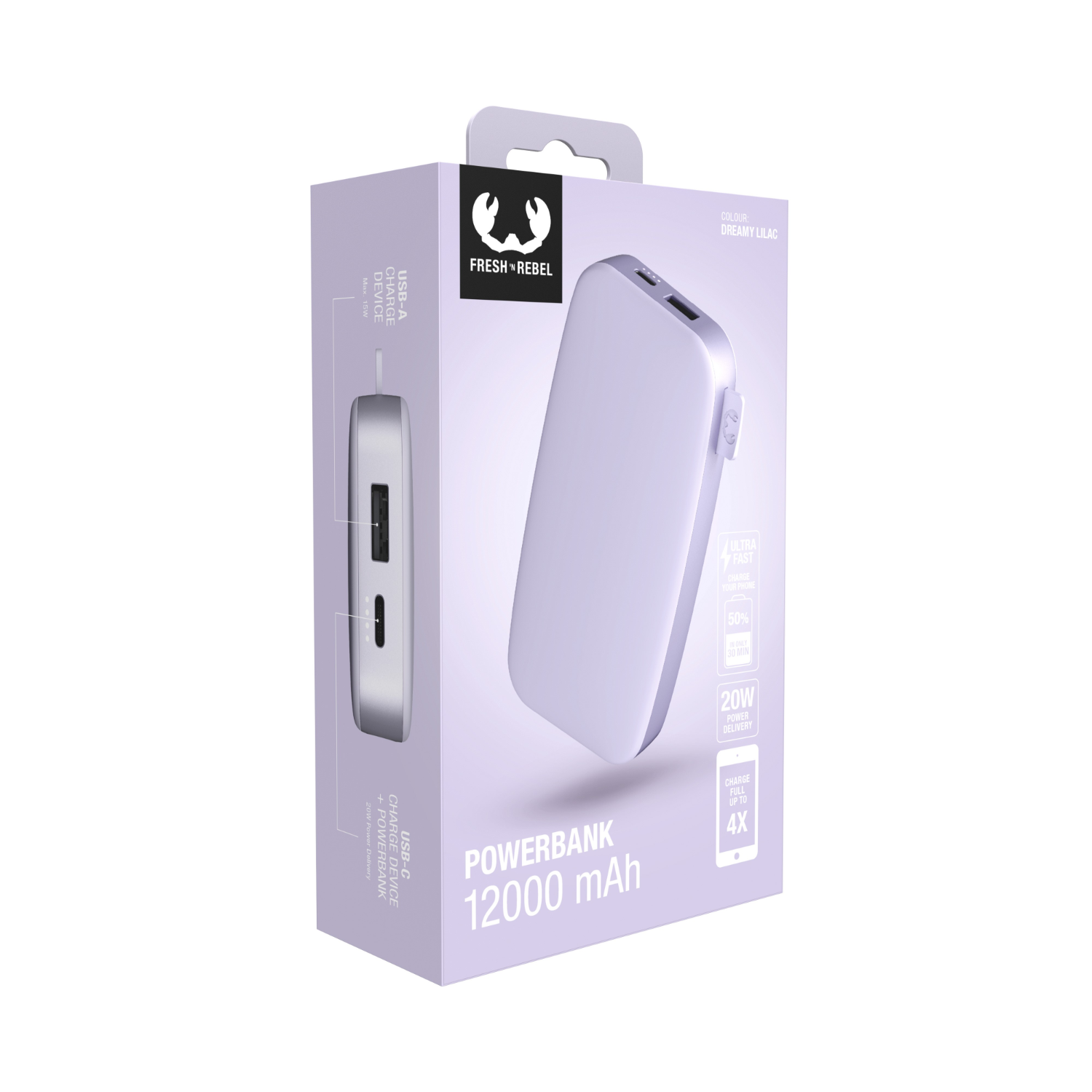 Lila Powerbank in einer Box. Box hat einen Griff, Text und eine Grafik. Die Powerbank ist weiß.