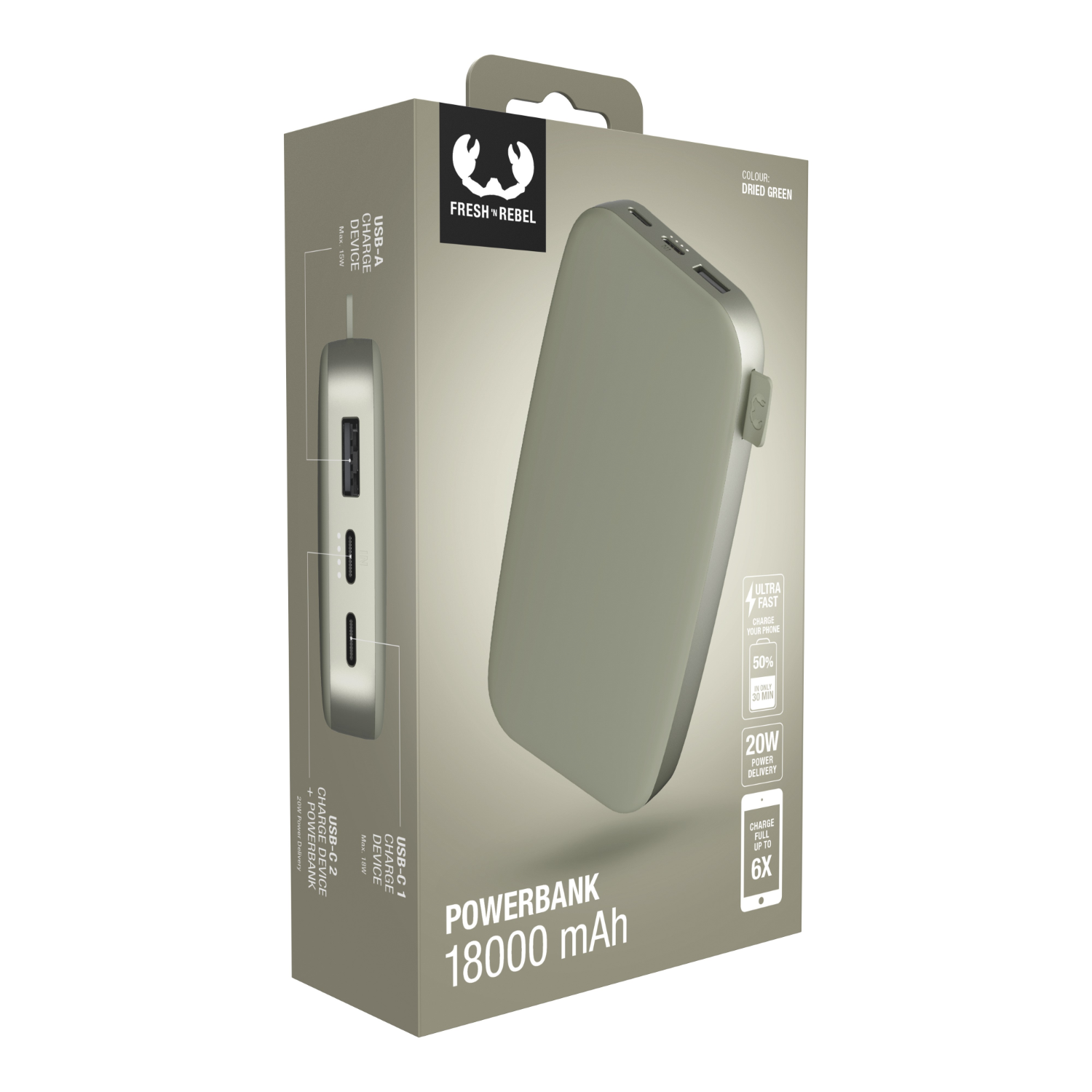 Un power bank verde in una scatola, con porte USB e indicatore di carica. La scatola ha testo e illustrazioni.