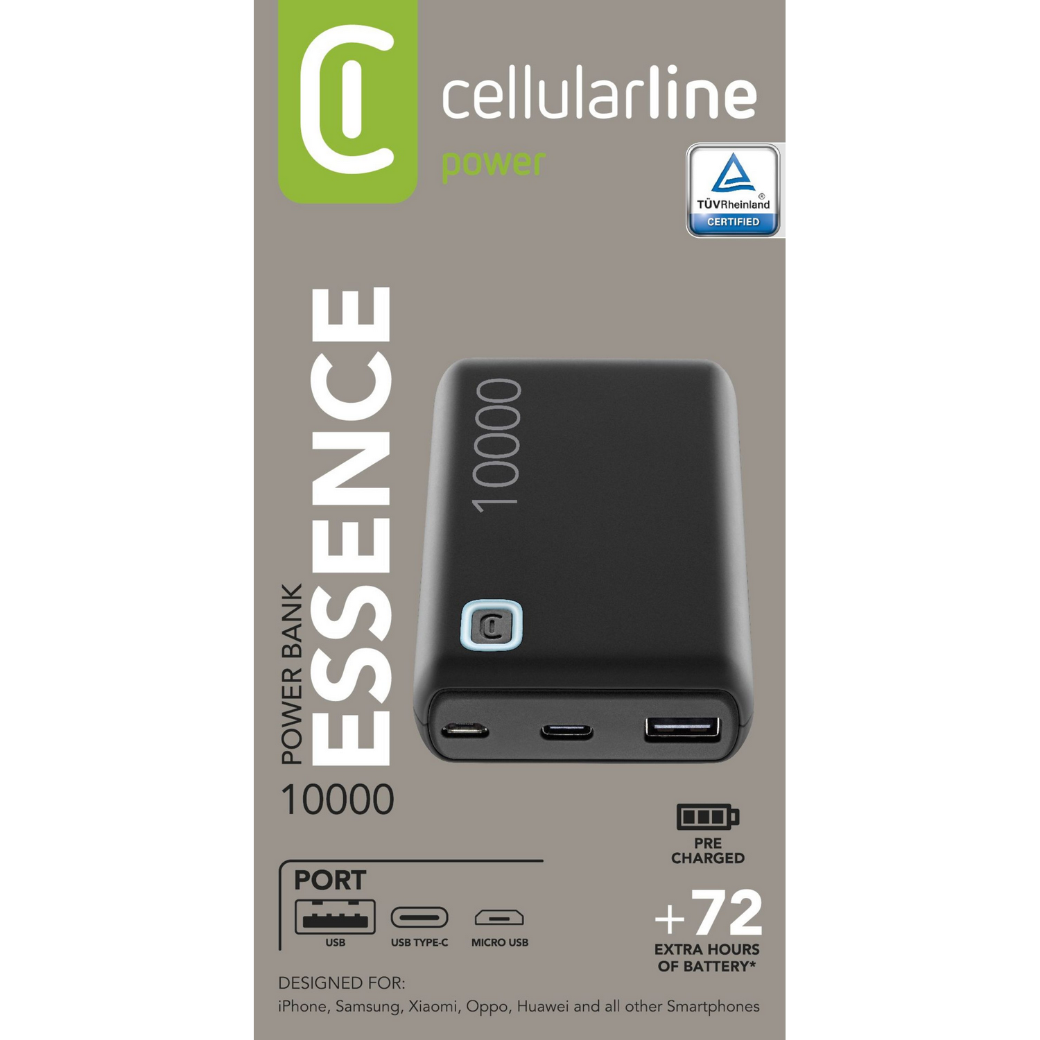 Schwarze Powerbank mit weißem Text und Ladeanschluss.
