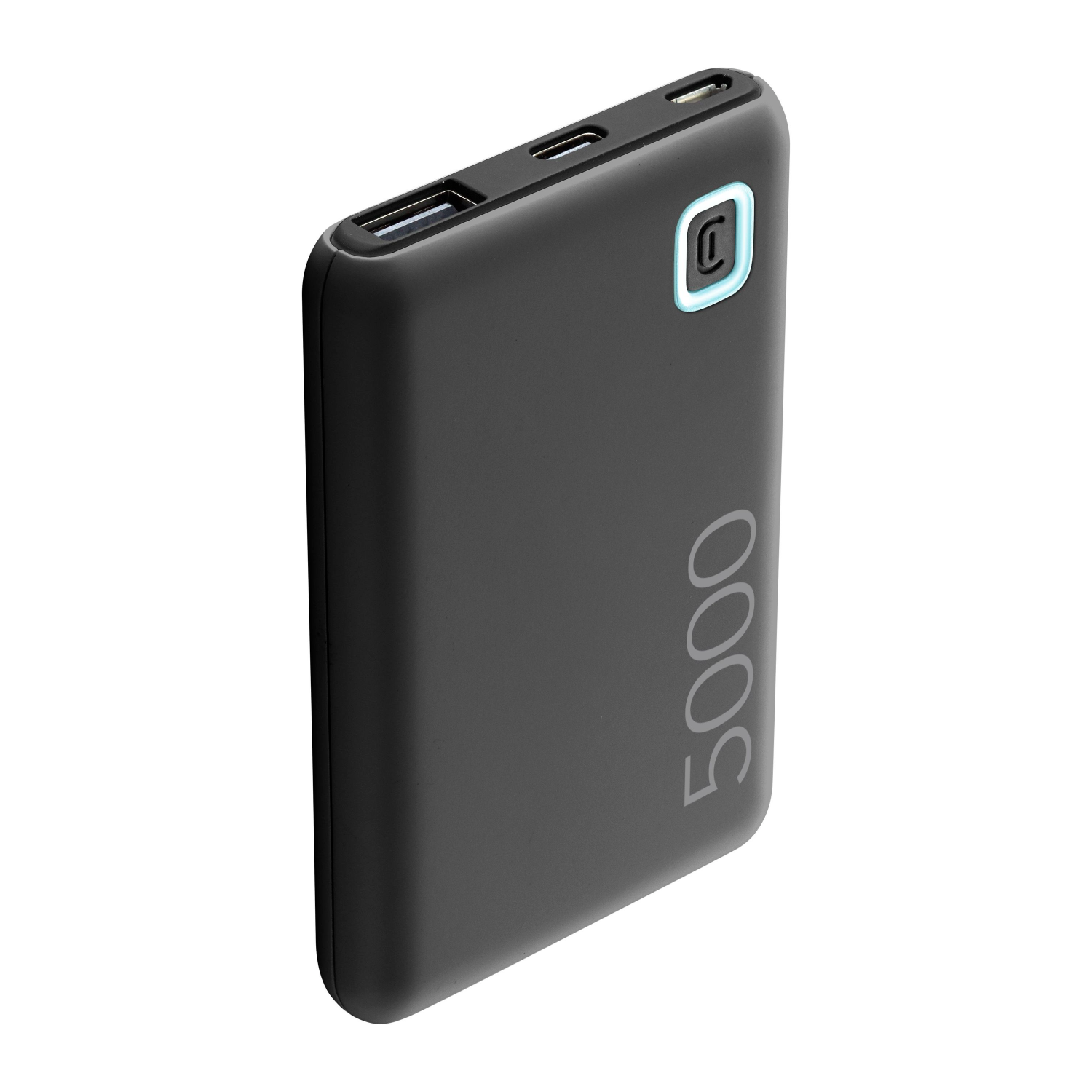 Schwarze Powerbank mit USB-Anschlüssen, einem Ladeanschluss und einer Leuchtanzeige.