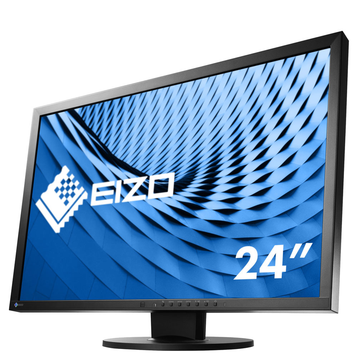 Ein schwarzer Computermonitor zeigt ein blaues und weißes abstraktes Muster. Die Marke EIZO ist sichtbar. 24".