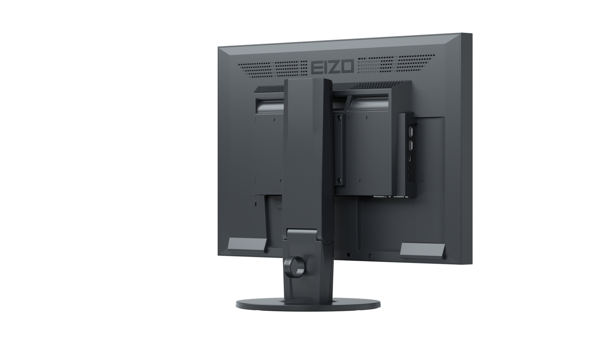 Rückansicht eines schwarzen Computermonitors mit verstellbarem Ständer.