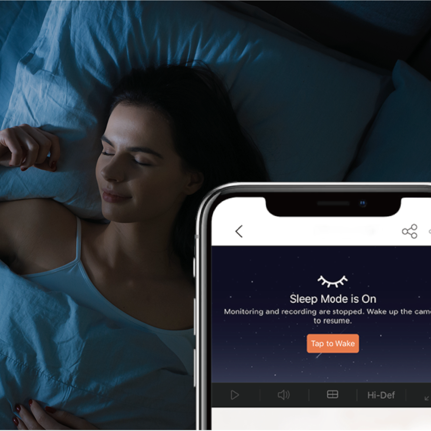 Śpiąca kobieta, telefon wyświetla włączony tryb uśpienia.
