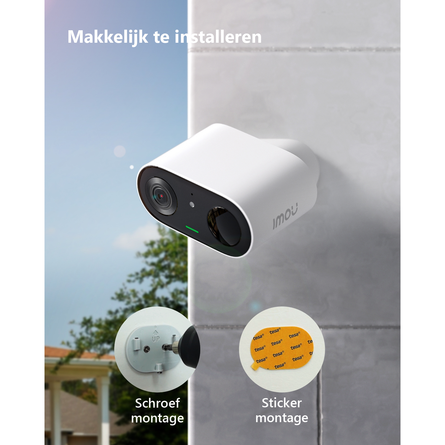 Biała kamera bezpieczeństwa pokazana na ścianie z dwiema opcjami instalacji: montaż śrubowy i naklejany.