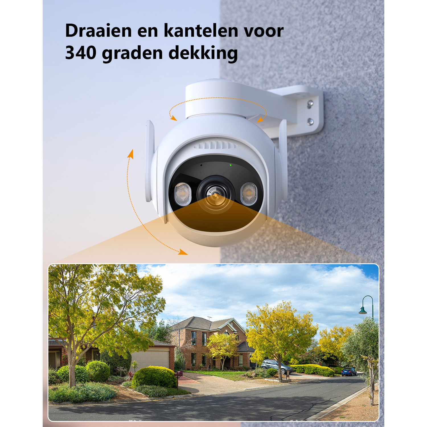 Biała kamera bezpieczeństwa zamontowana na ścianie, z ulicą na przedmieściach w tle.