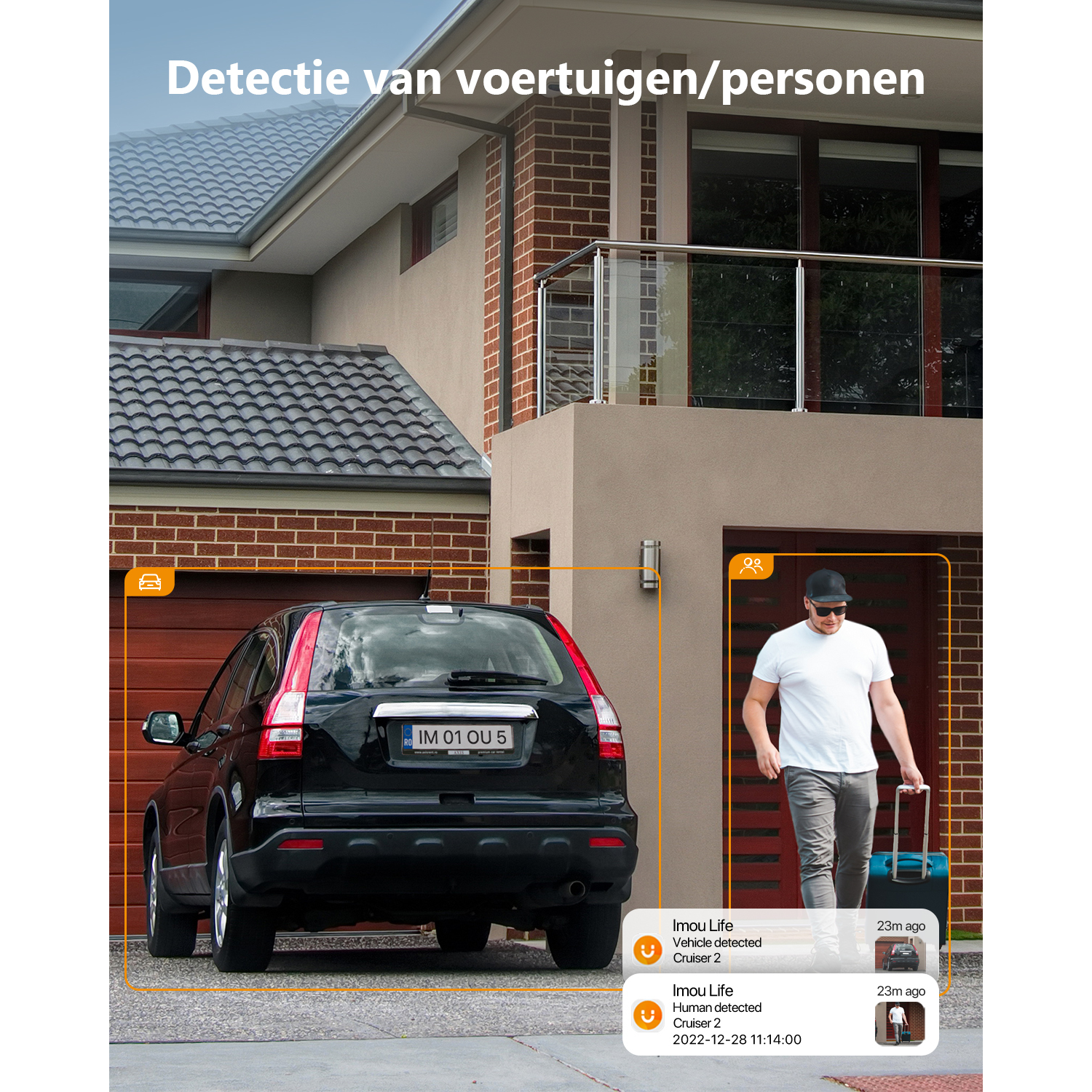 Kamera bezpieczeństwa wykrywa samochód i osobę. W tle dom.