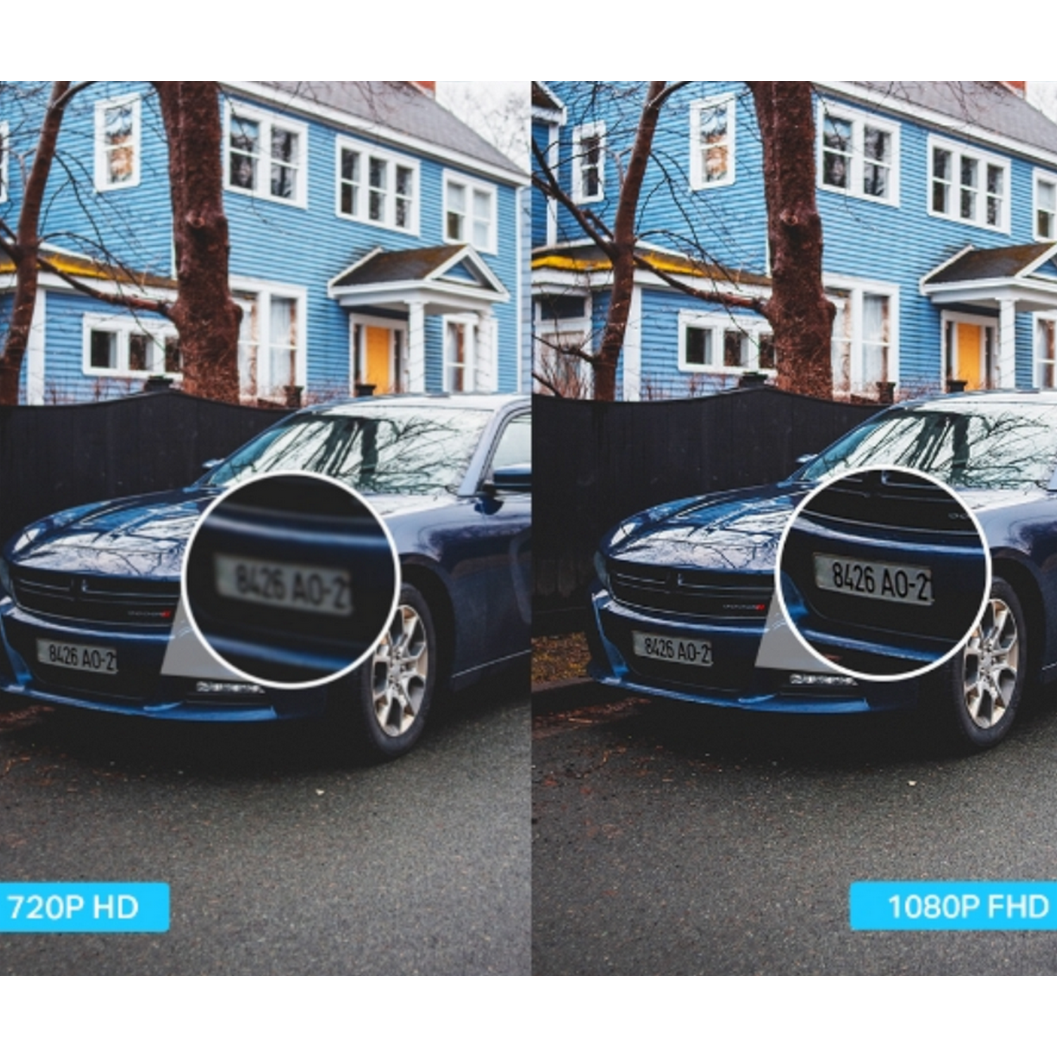 Vergelijking van 720p HD en 1080p FHD resolutie, met auto's voor huizen.