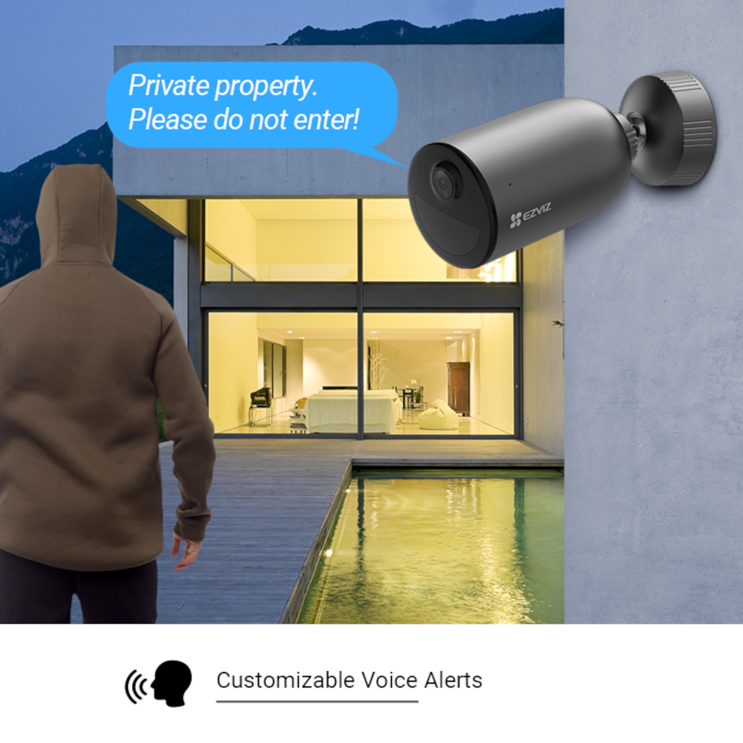 Kamera bezpieczeństwa na ścianie. Mężczyzna z bluzie z kapturem przy basenie. Dymek: „Teren prywatny. Nie wchodzić!"