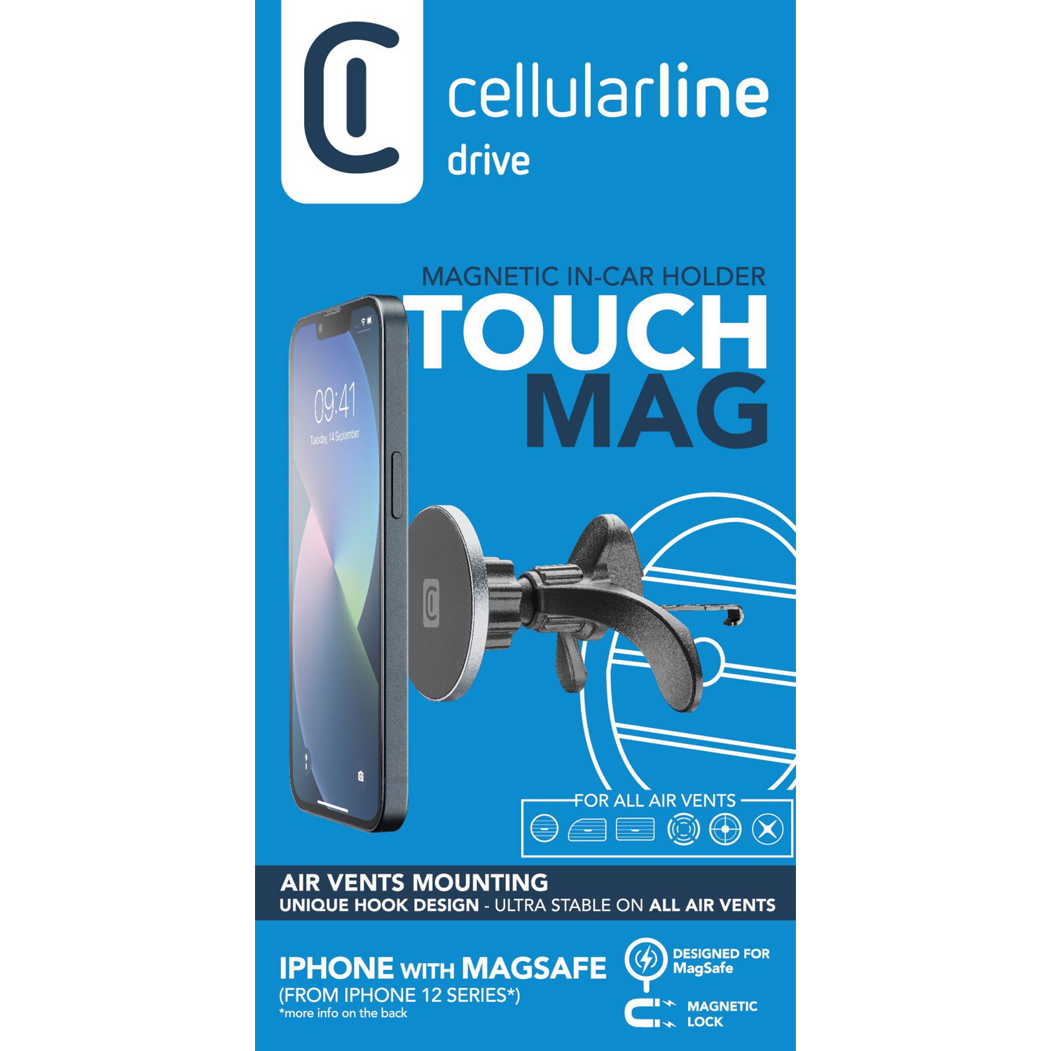 Telefono con supporto, nero e grigio. Il testo dice 'TOUCH MAG', 'Magnetic in-car holder'.