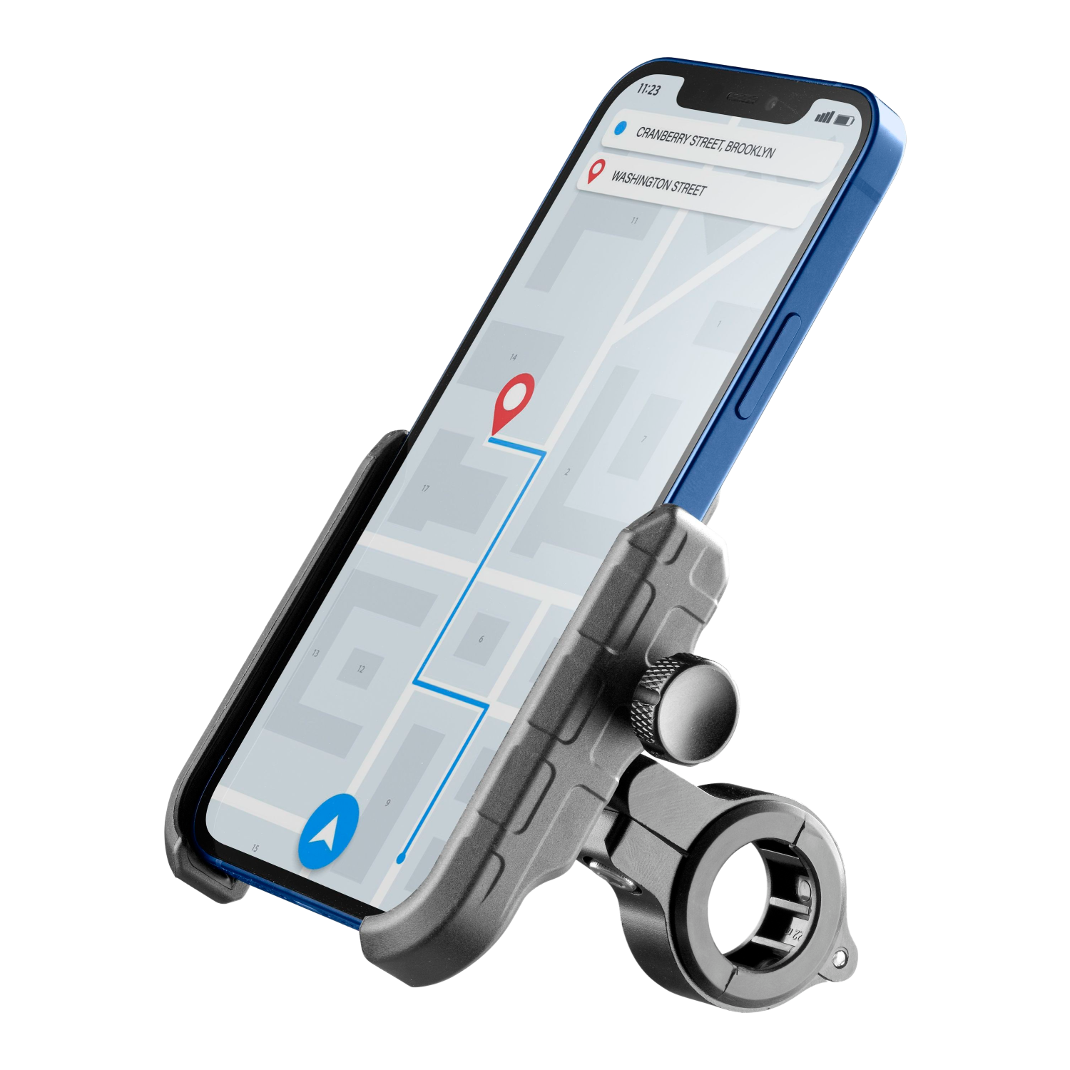 Smartphone su supporto. Mappa sullo schermo con indicatori e percorso.
