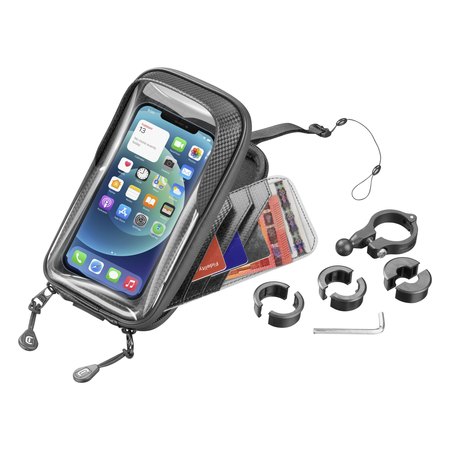 Een telefoon in een zwarte hoes met kaarten erin. Accessoires: klemmen, beugels en een gereedschap.