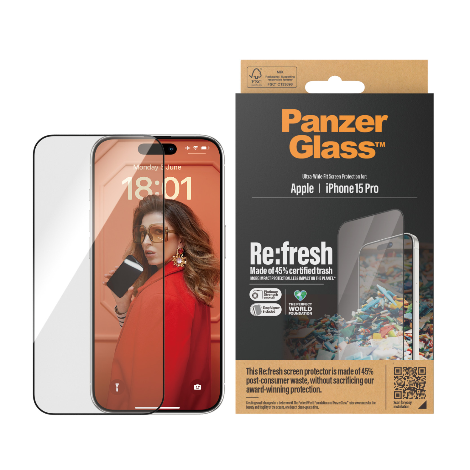 iPhone z ochraniaczem ekranu obok opakowania. Telefon wyświetla twarz kobiety.