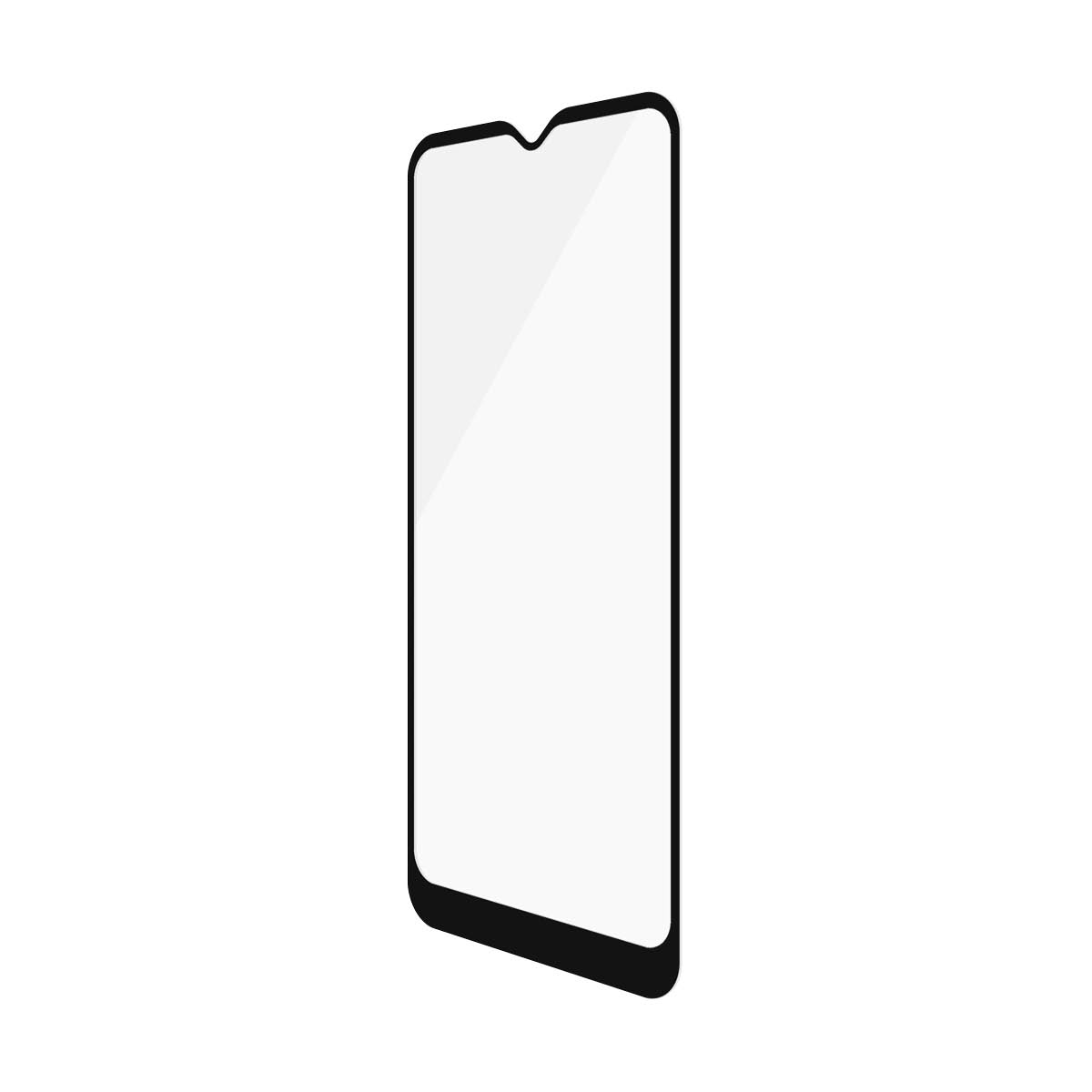 Una protezione per lo schermo di un telefono con cornice nera. Lo sfondo è bianco.
