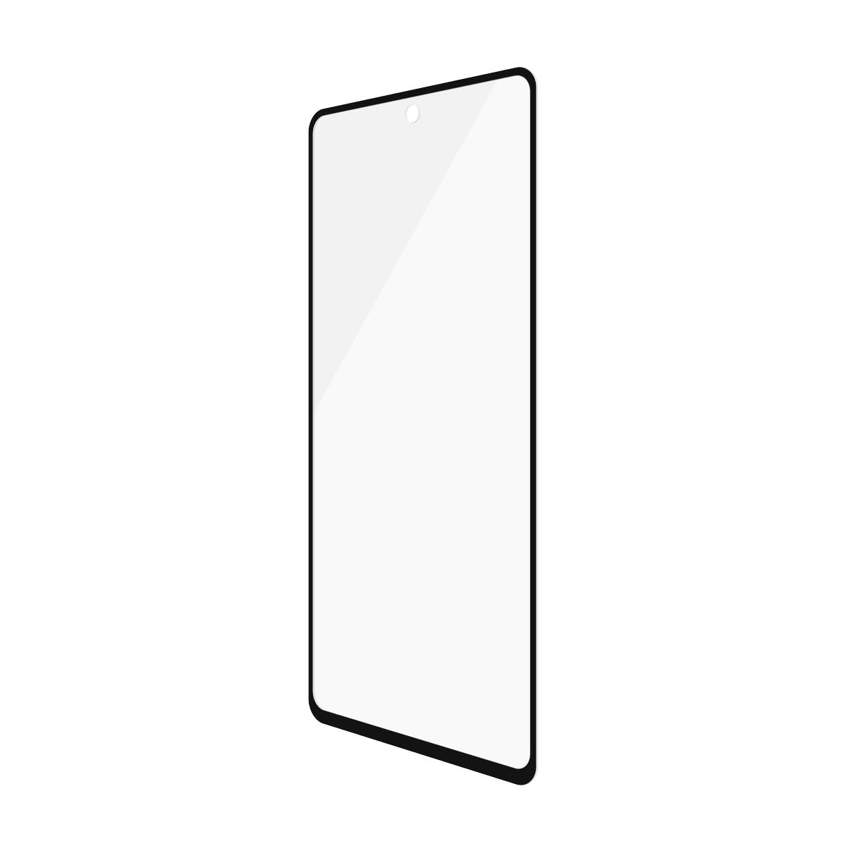 Un protecteur d'écran pour un téléphone avec un cadre noir. Le fond est blanc.