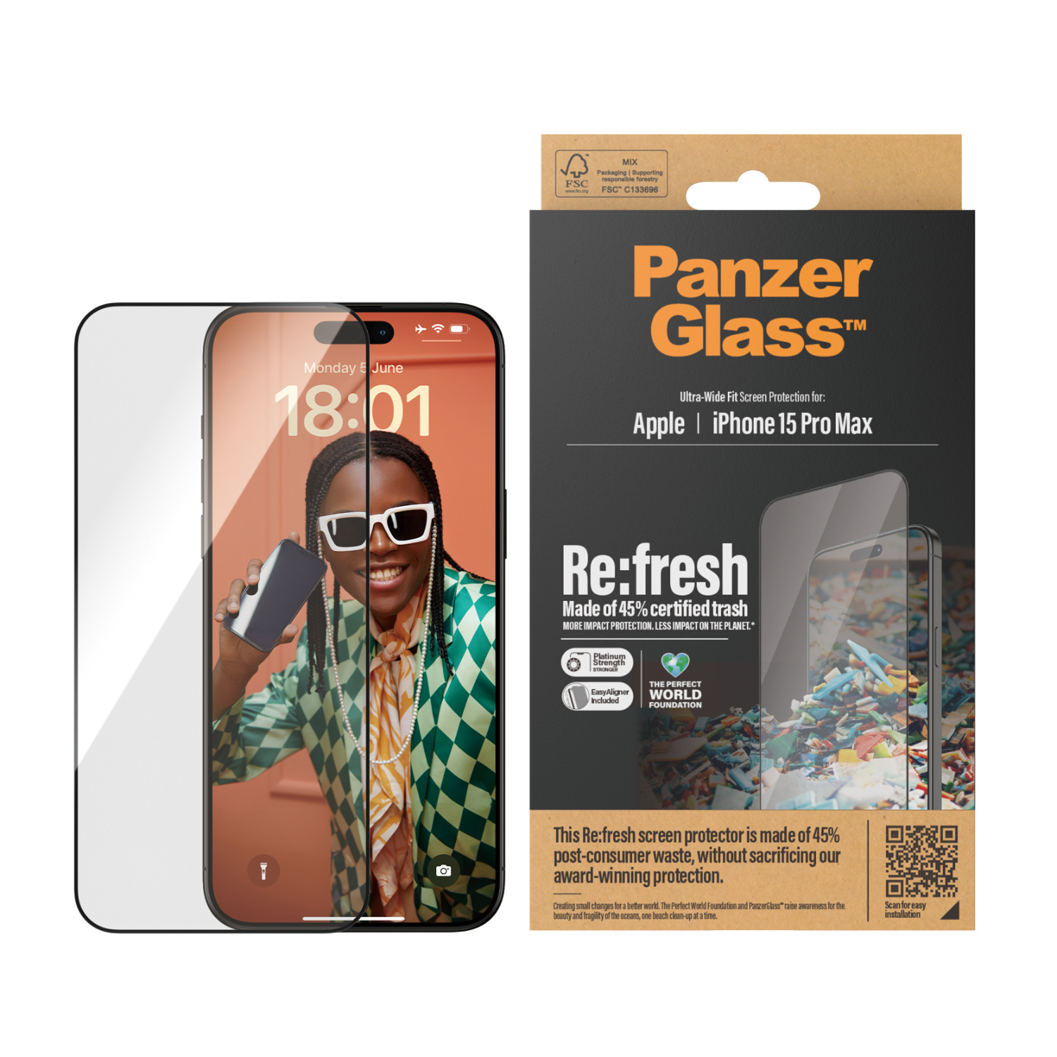 Ochraniacz ekranu i pudełko na telefon, iPhone 15 Pro Max. Ekran pokazuje osobę.
