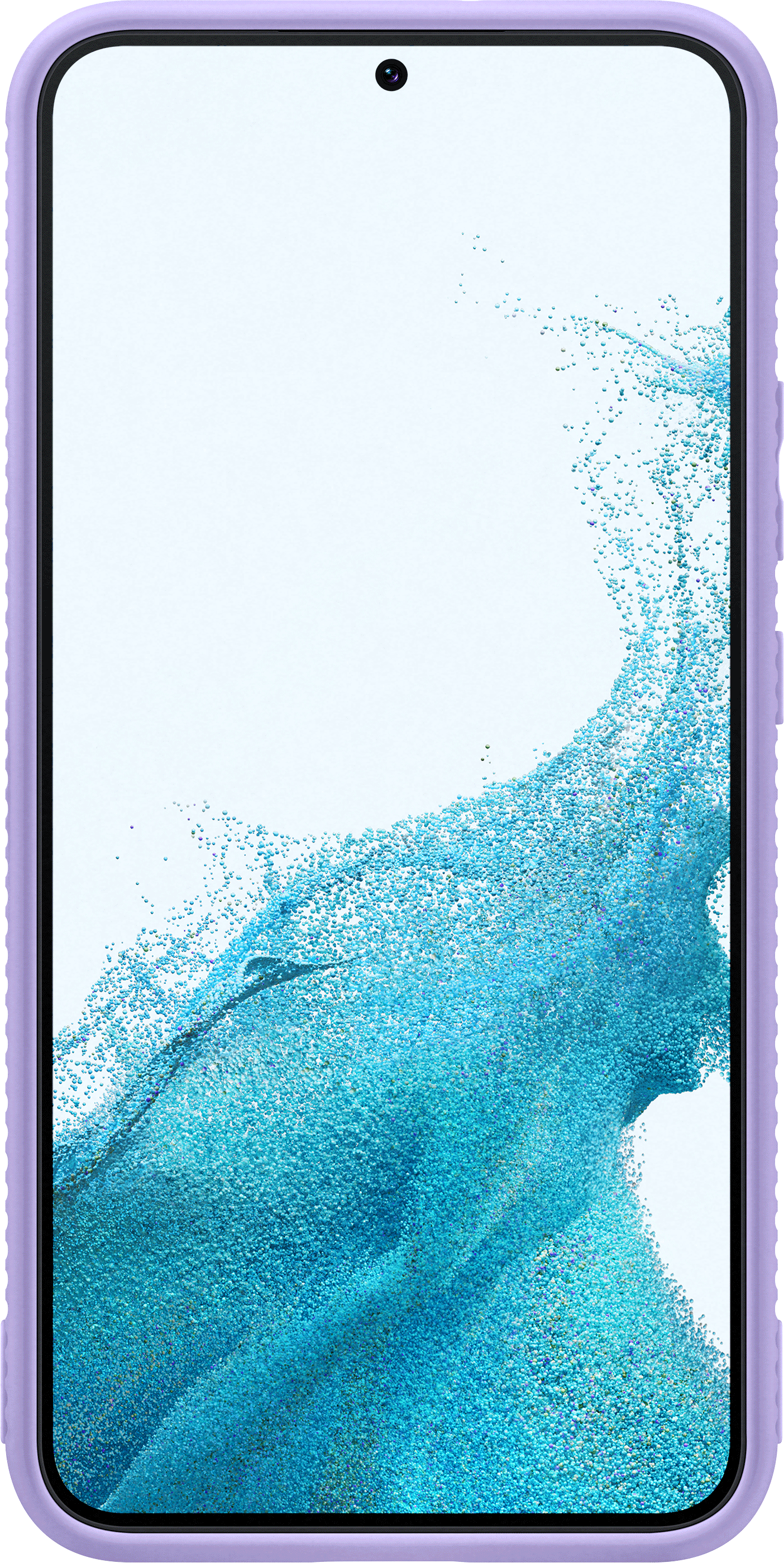 Un smartphone lavande avec un écran affichant un motif abstrait bleu et blanc.