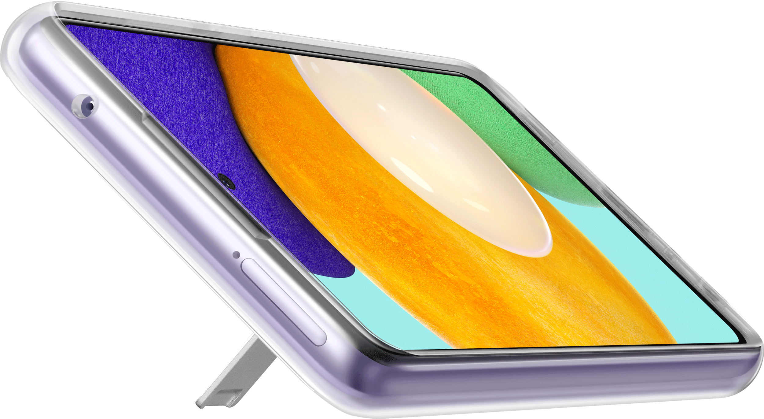 Primo piano di un telefono viola con custodia trasparente. Mostra lo schermo con display colorato. Vista angolata.