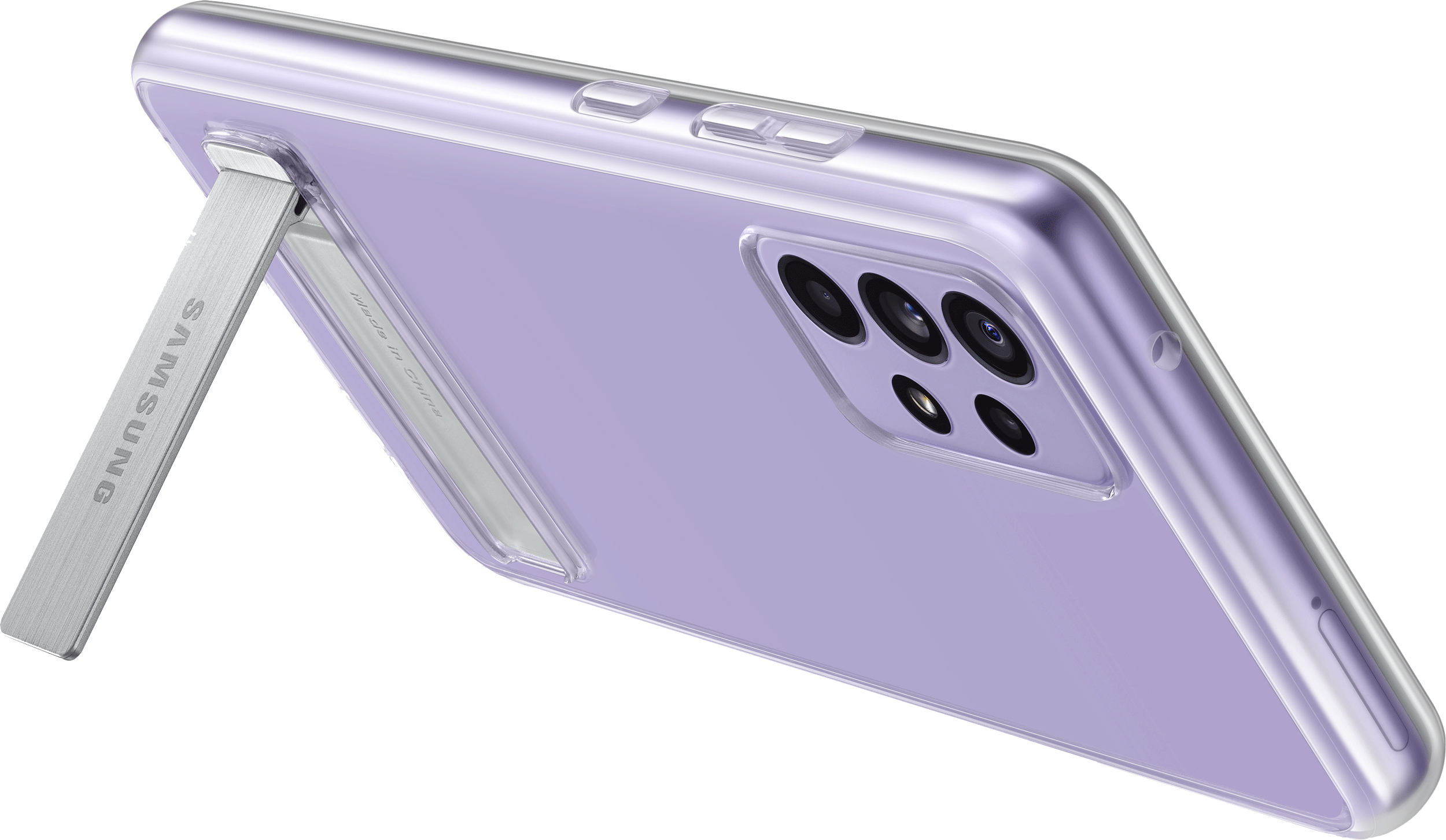 Telefono Samsung viola in custodia trasparente con supporto. Sfondo nero.