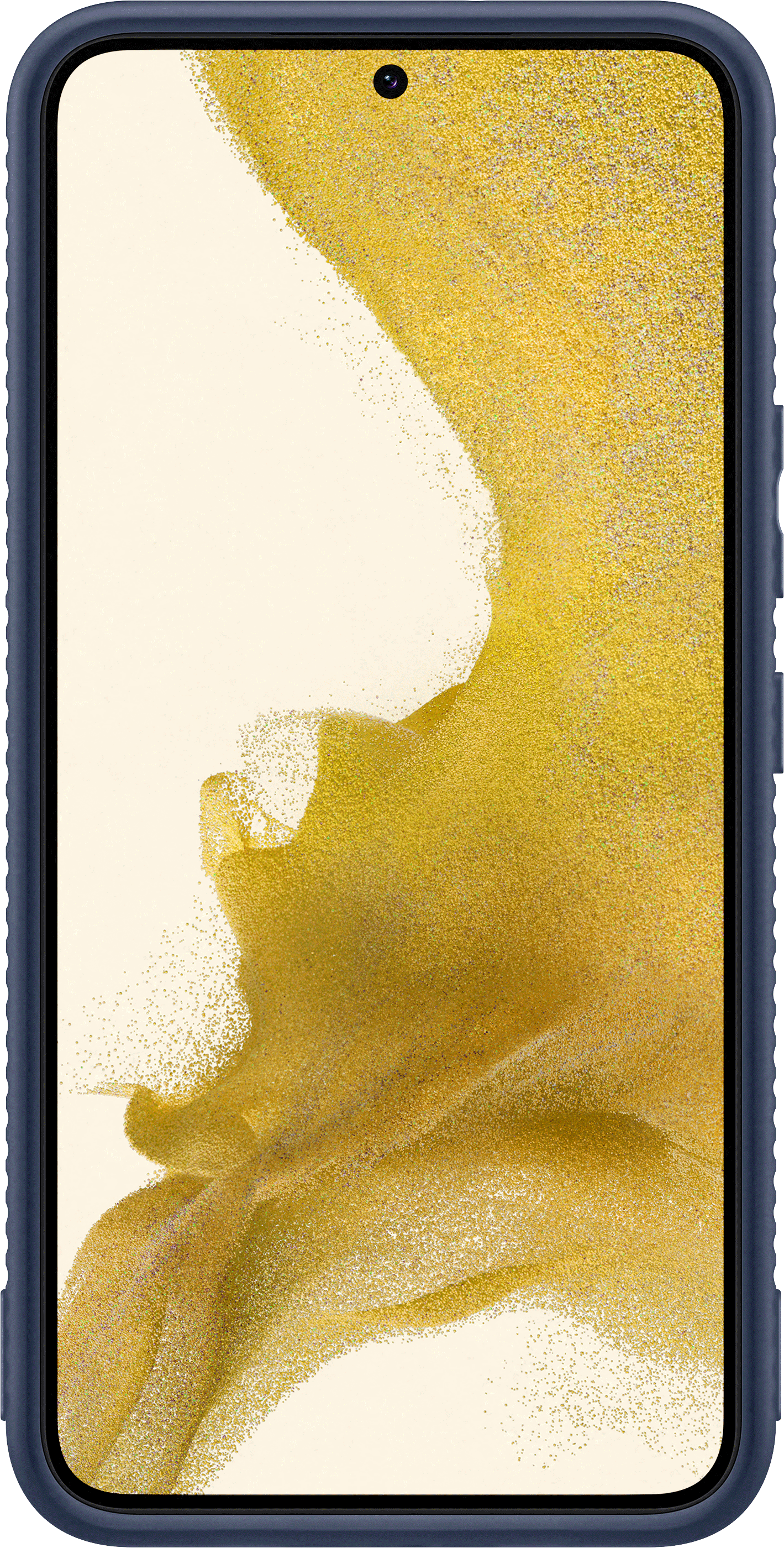 Eine marineblaue Handyhülle mit einem Telefon darin, auf weißem Hintergrund. Der Bildschirm zeigt ein goldenes Design.