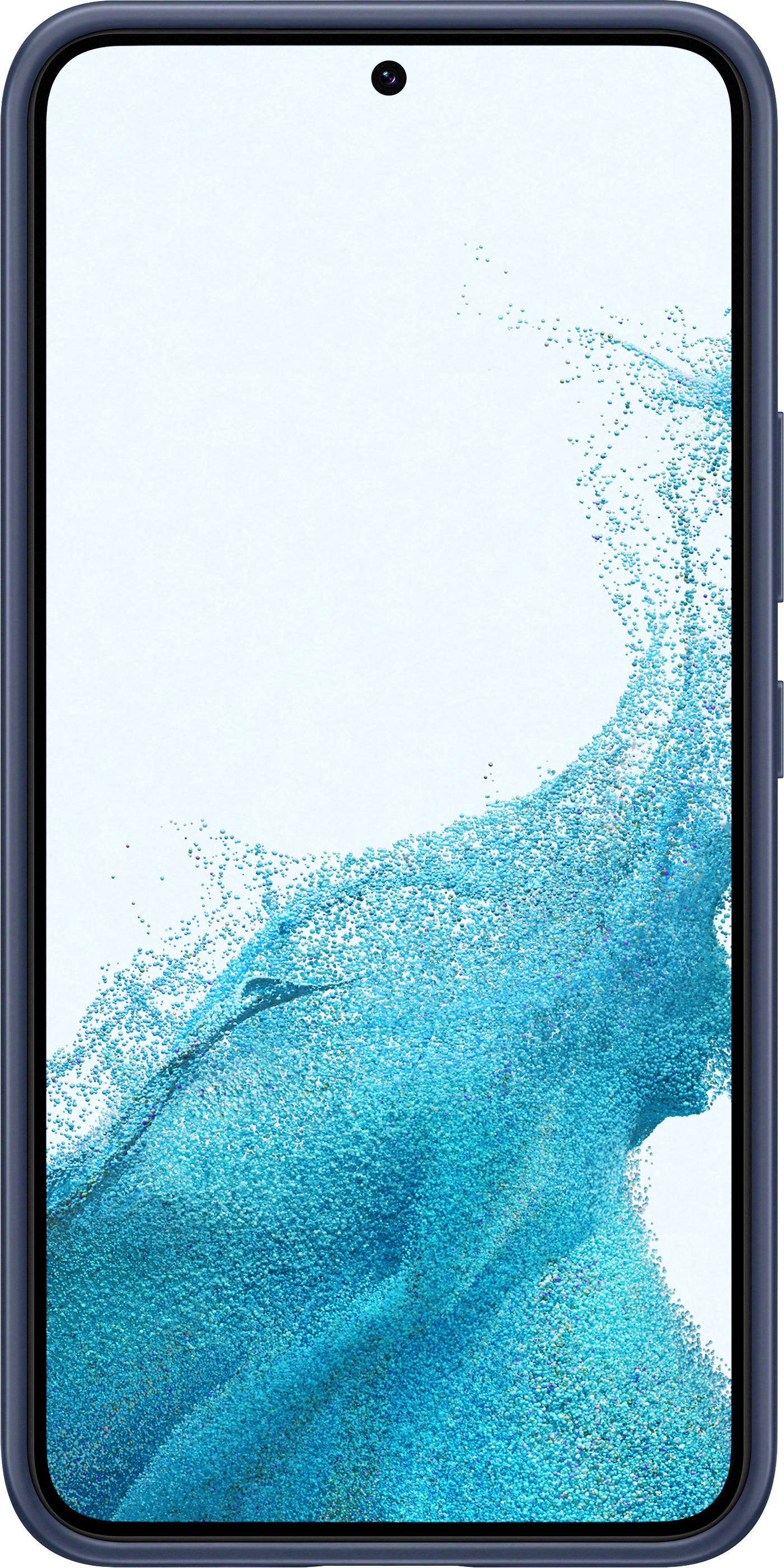 Smartphone blu, primo piano, schermo bianco, cornice blu, su sfondo bianco.