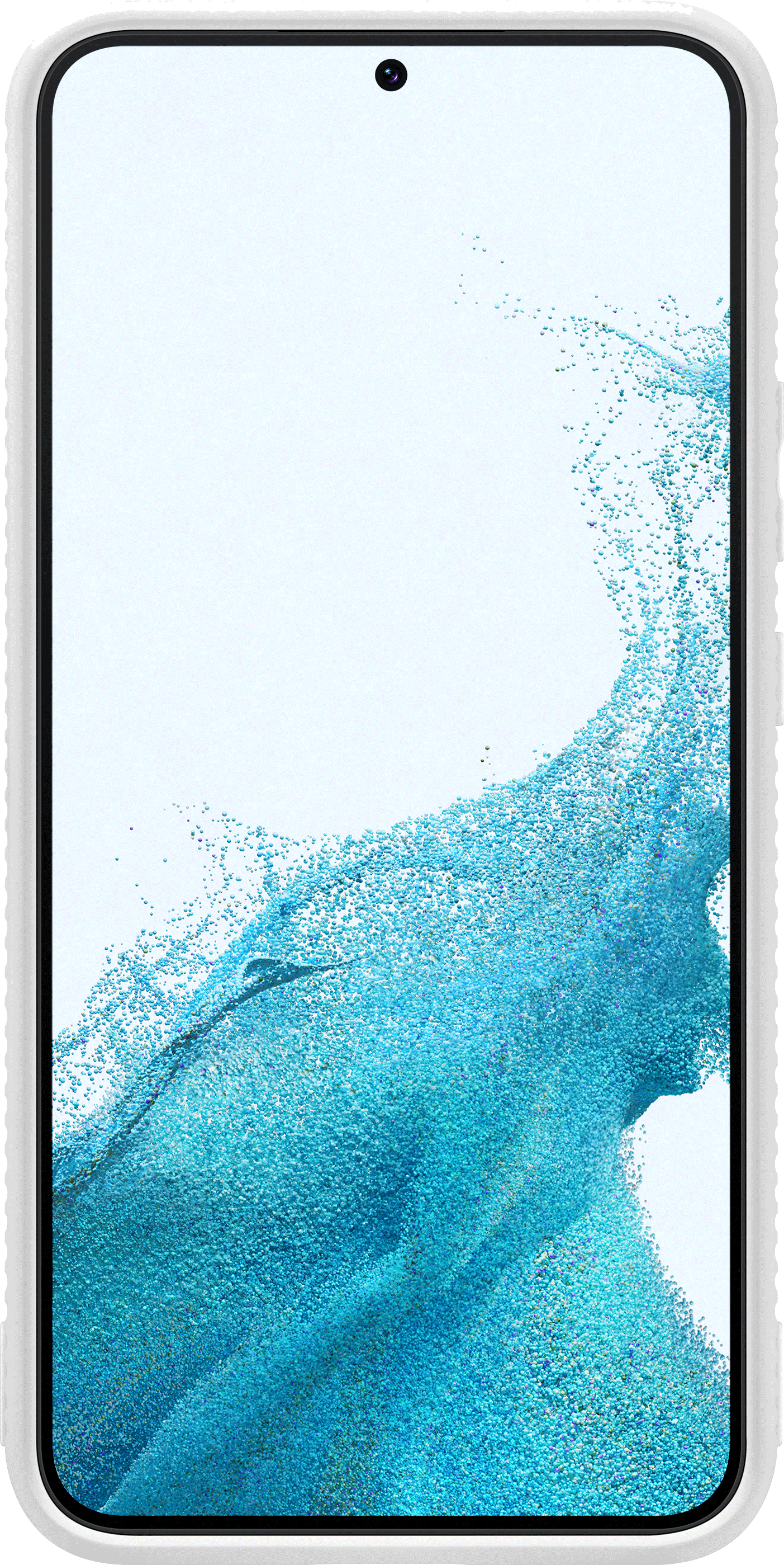 Uno smartphone bianco con uno schermo che mostra un motivo blu e bianco. Il telefono ha una custodia bianca.
