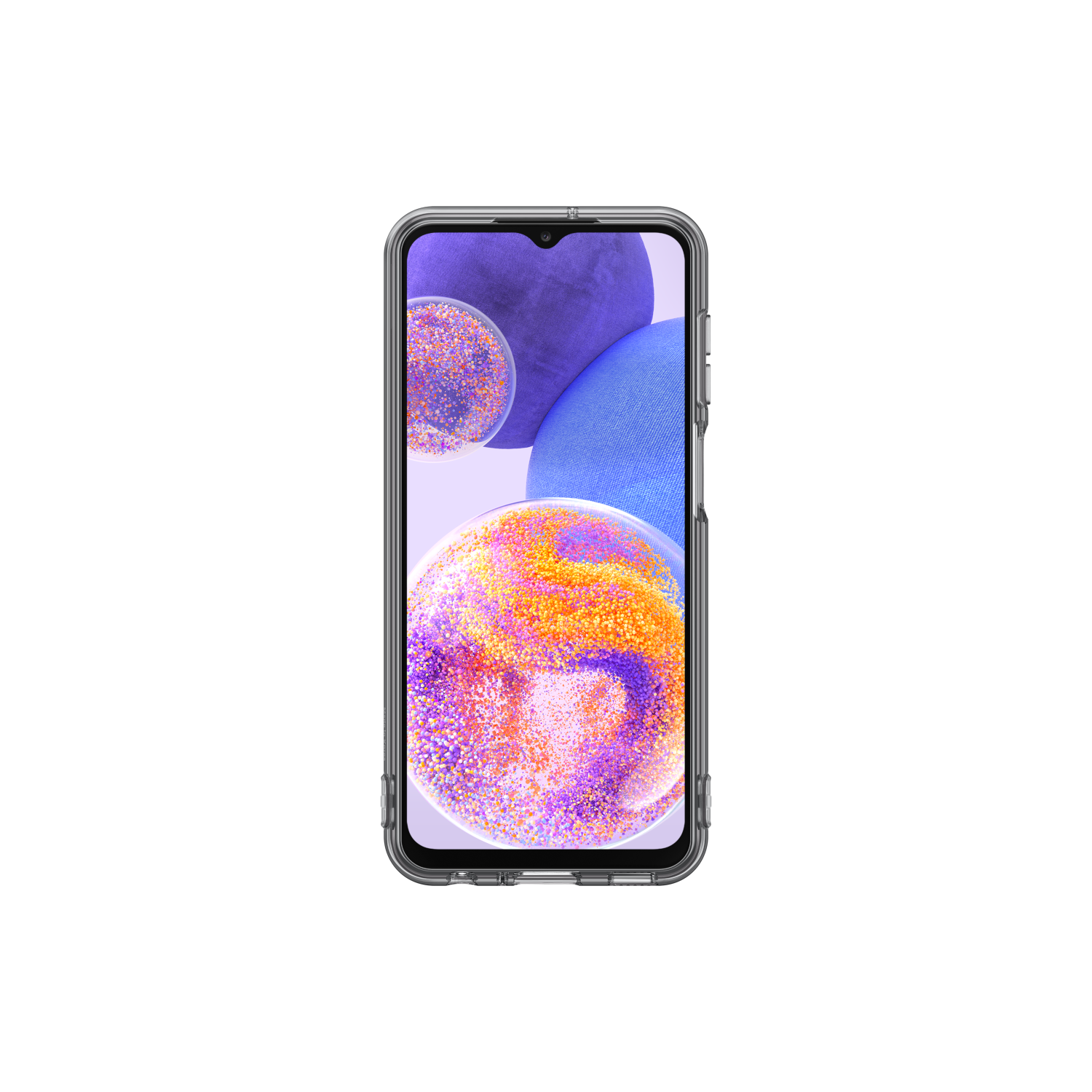 Uno smartphone con custodia trasparente, che mostra uno sfondo astratto e colorato.