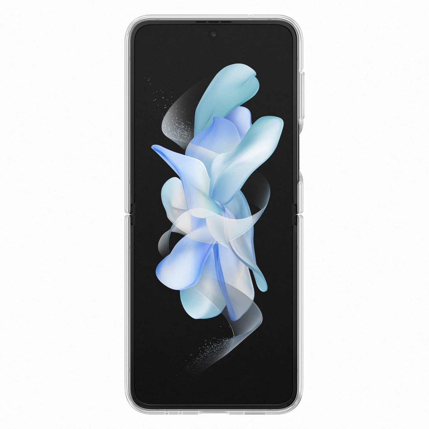 Złożony smartfon z niebiesko-białym abstrakcyjnym wyświetlaczem kwiatowym.
