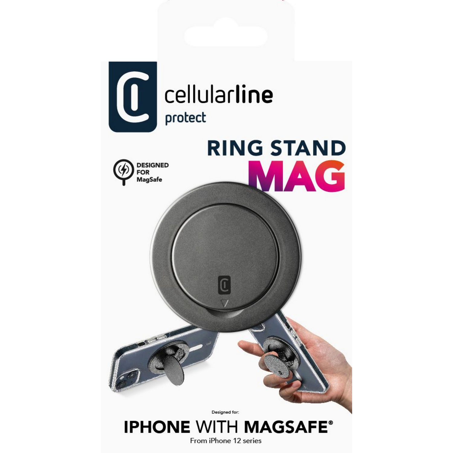 Un soporte de anillo para teléfono se muestra sobre un fondo blanco. La marca es Cellularline.