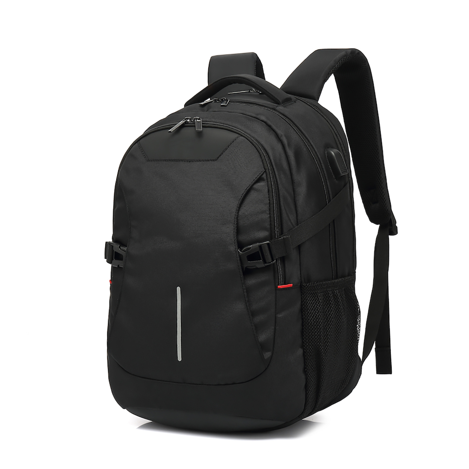 Black backpack with straps and a reflective stripe, isolated on white.