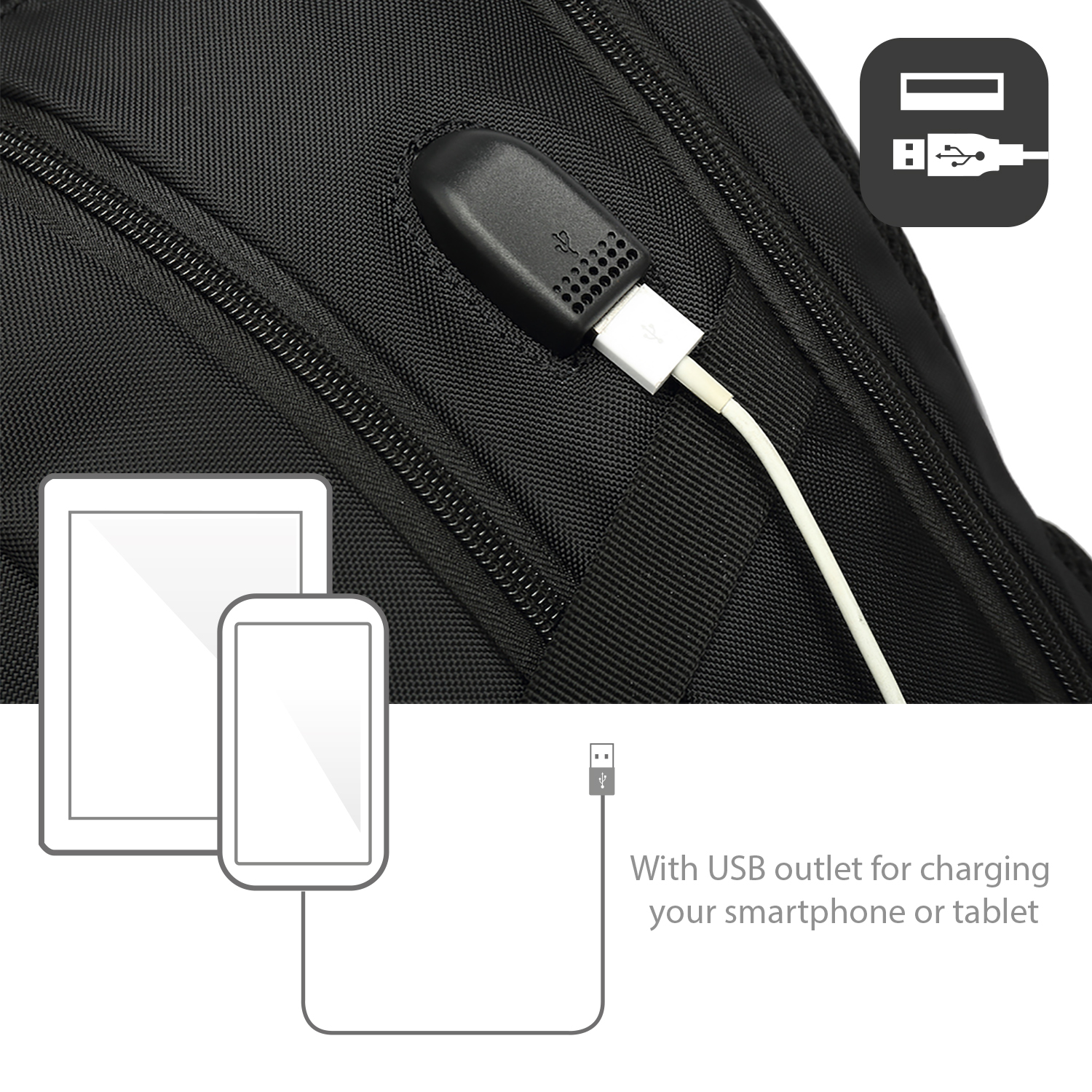 Black bag with USB charging port, white cable connected to phone and tablet outlines.