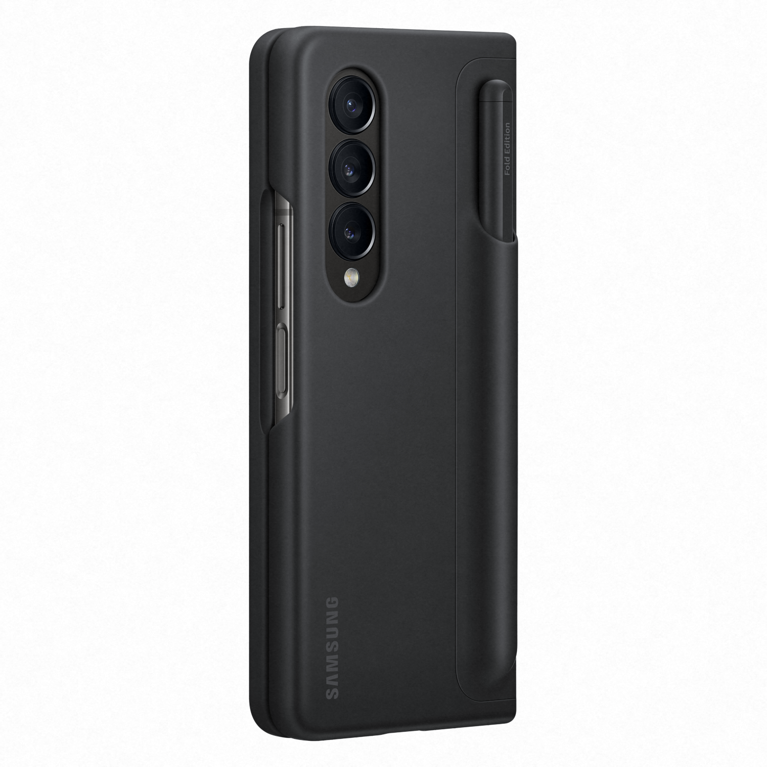 Funda de teléfono negra con ranura para bolígrafo y cubierta trasera para un teléfono Samsung.