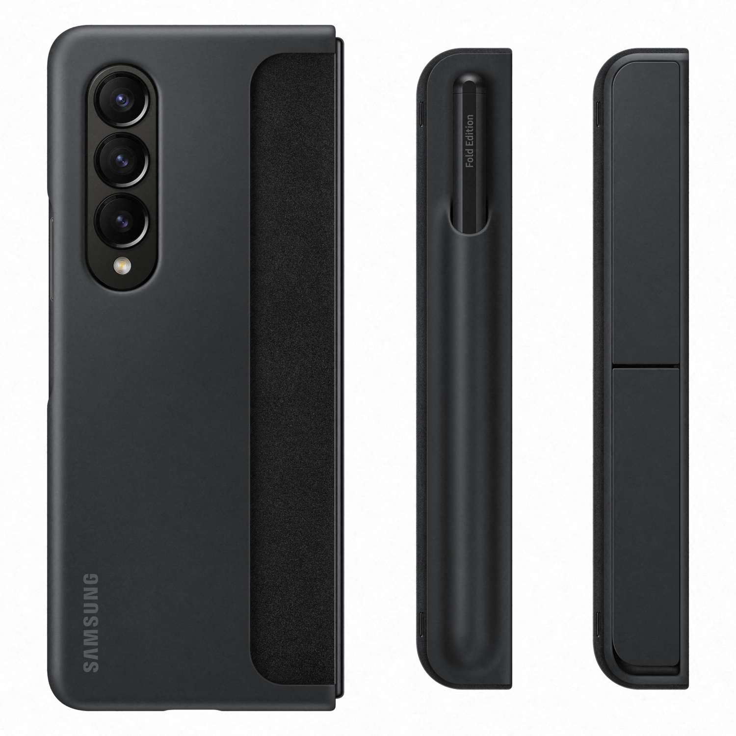 Funda de teléfono negra con logo Samsung y un bolígrafo. La funda está plegada y tiene ranura para bolígrafo.