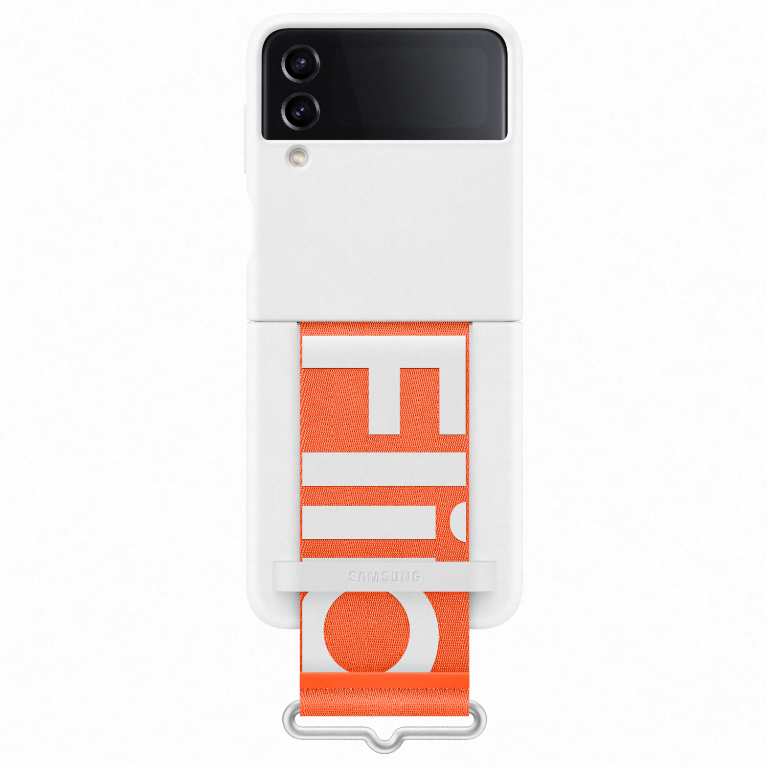 Eine weiße Samsung-Handyhülle mit orangefarbenem Riemen, das Wort "FLIP" ist sichtbar.