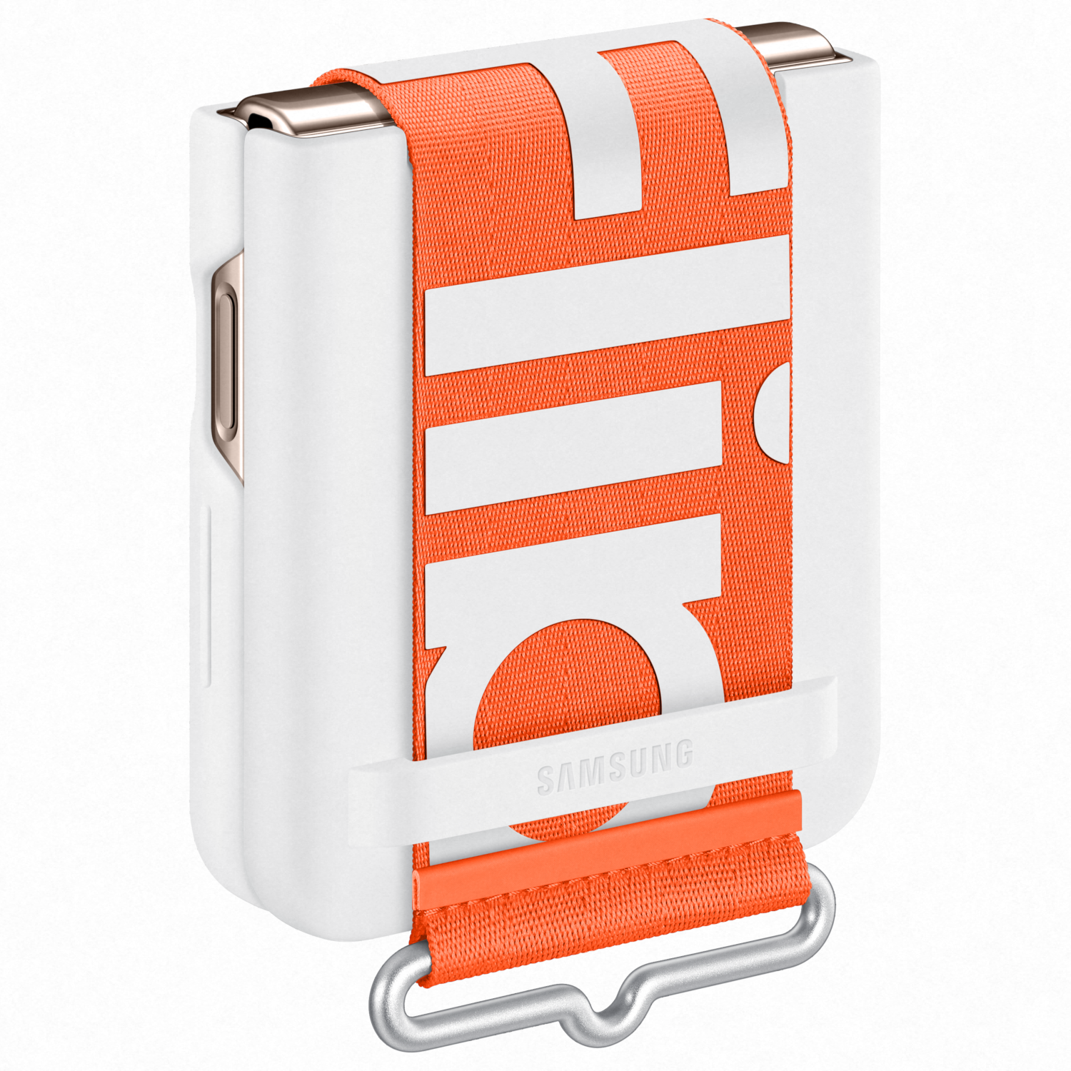 Weißer tragbarer Ladegerät mit orangenem Riemen und Branding. Metallschlaufe unten. Isoliert auf Weiß.